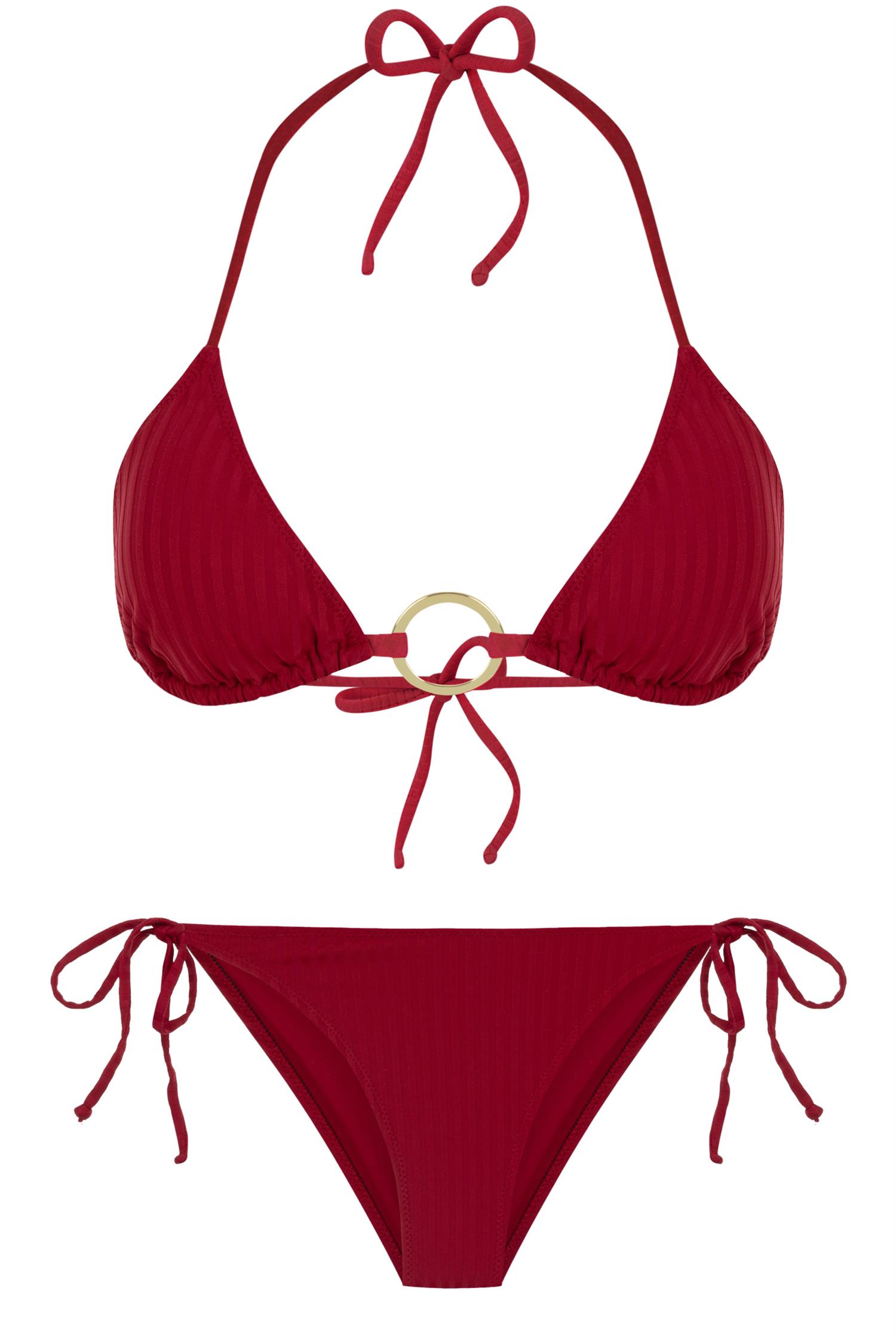 Dokulu Aksesuarlı Bordo Üçgen Bikini Takım