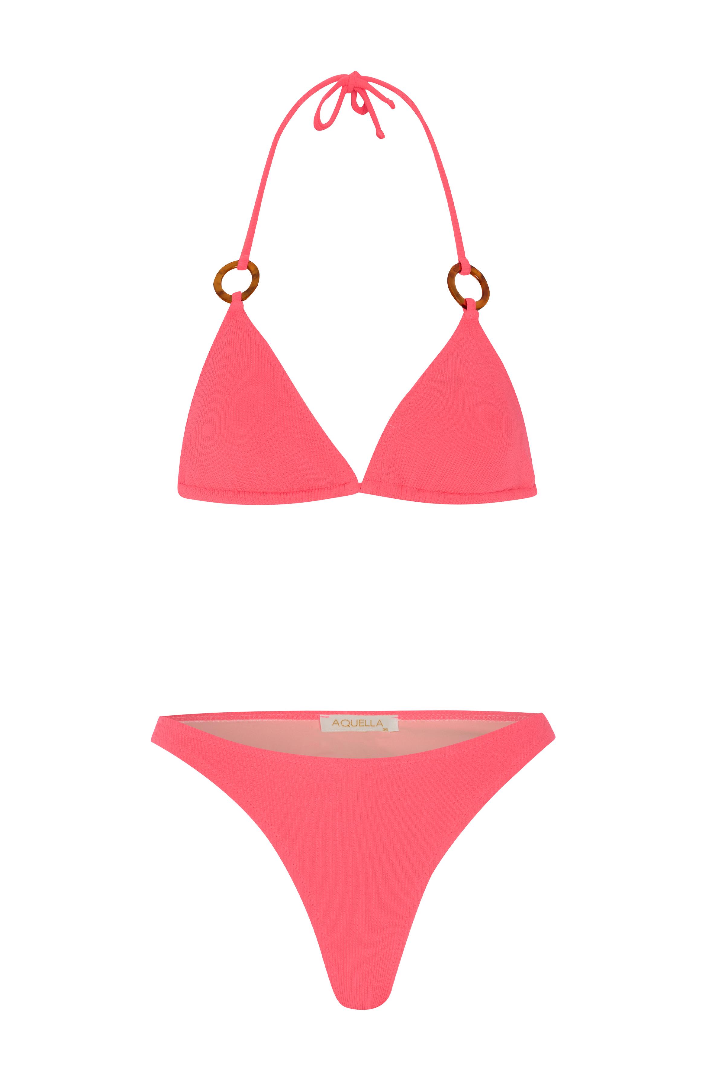 Dokulu Aksesuarlı Neon Pembe Üçgen Bikini Takım