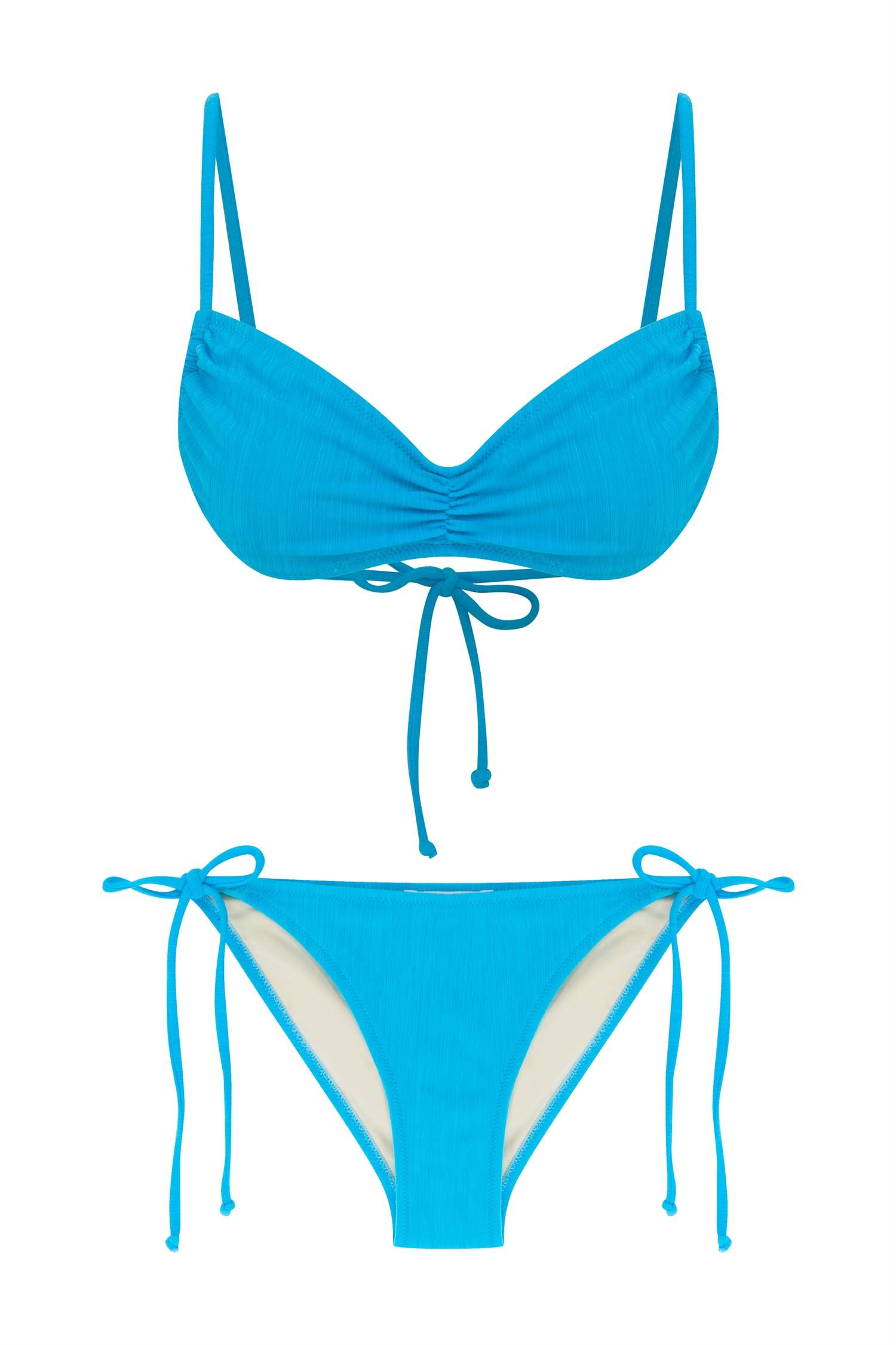 Dokulu Mavi Büzgülü Büstiyer Bikini Takım