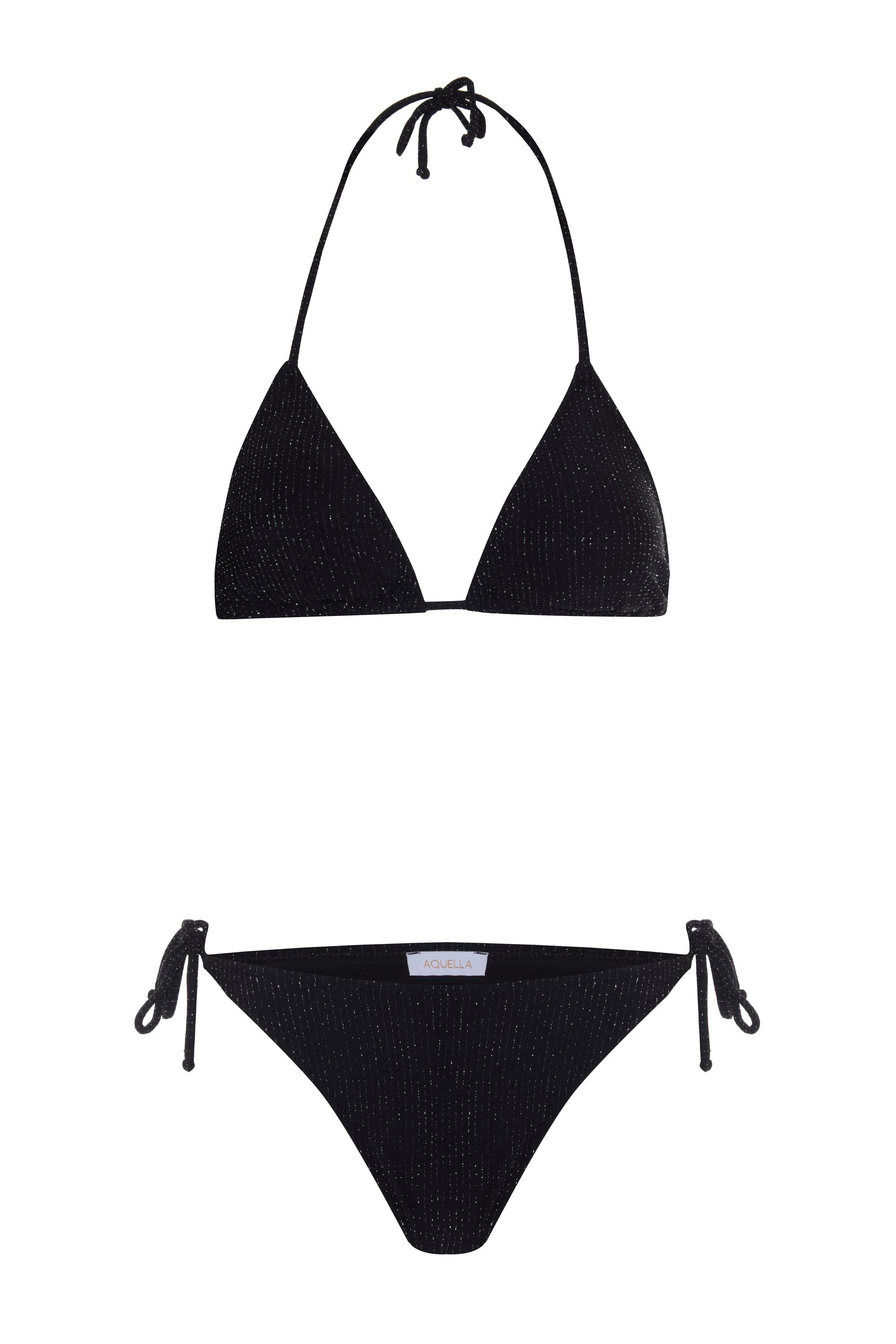 Dokulu Simli Siyah Üçgen Bikini Takım