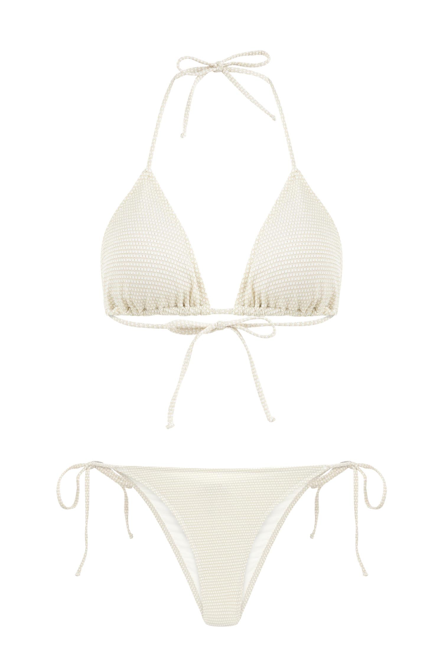 Ekru Dokulu Simli Büzgülü Üçgen Bikini Takım