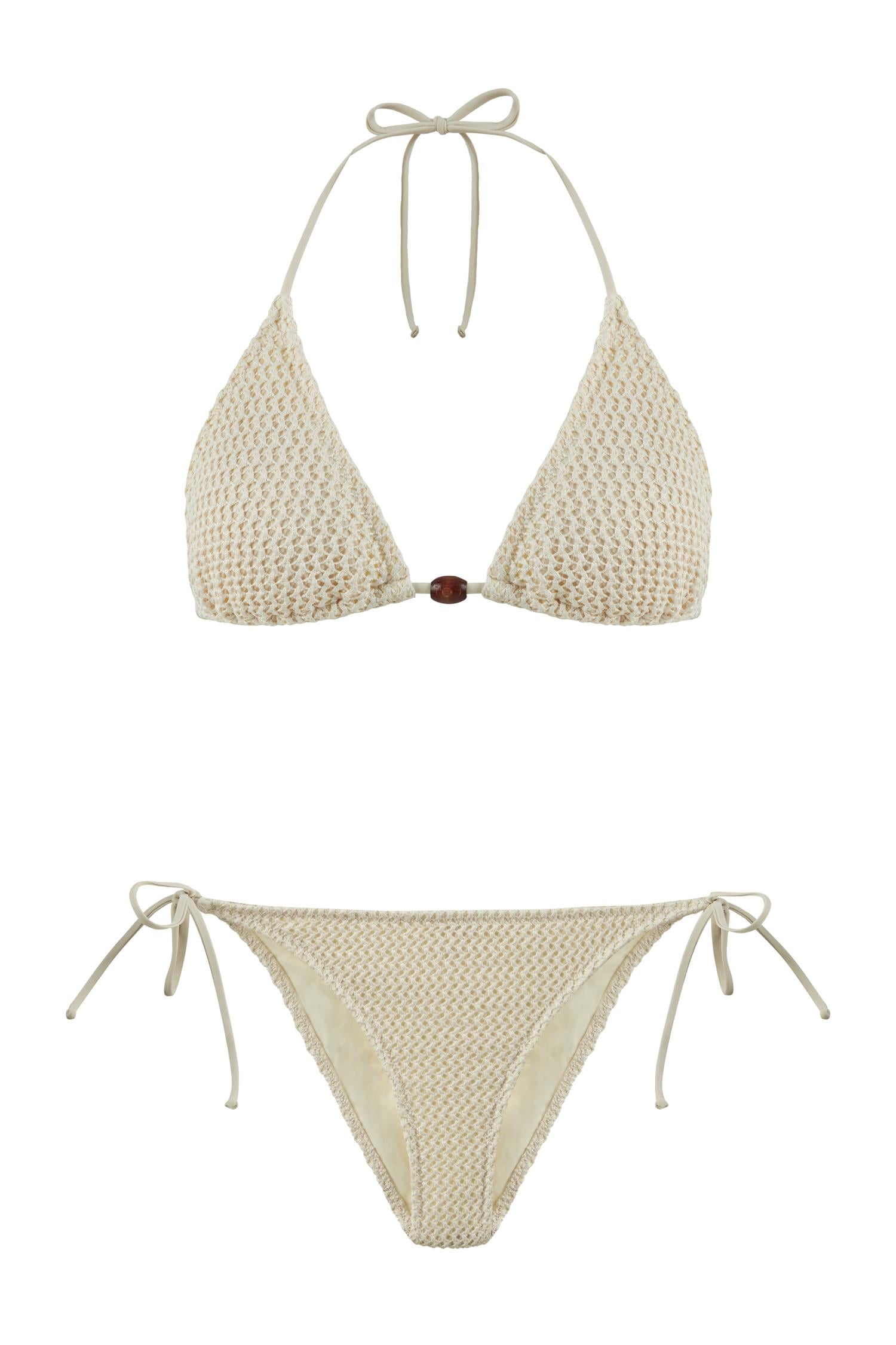 Ekru Kroşe Üçgen Bikini Takım