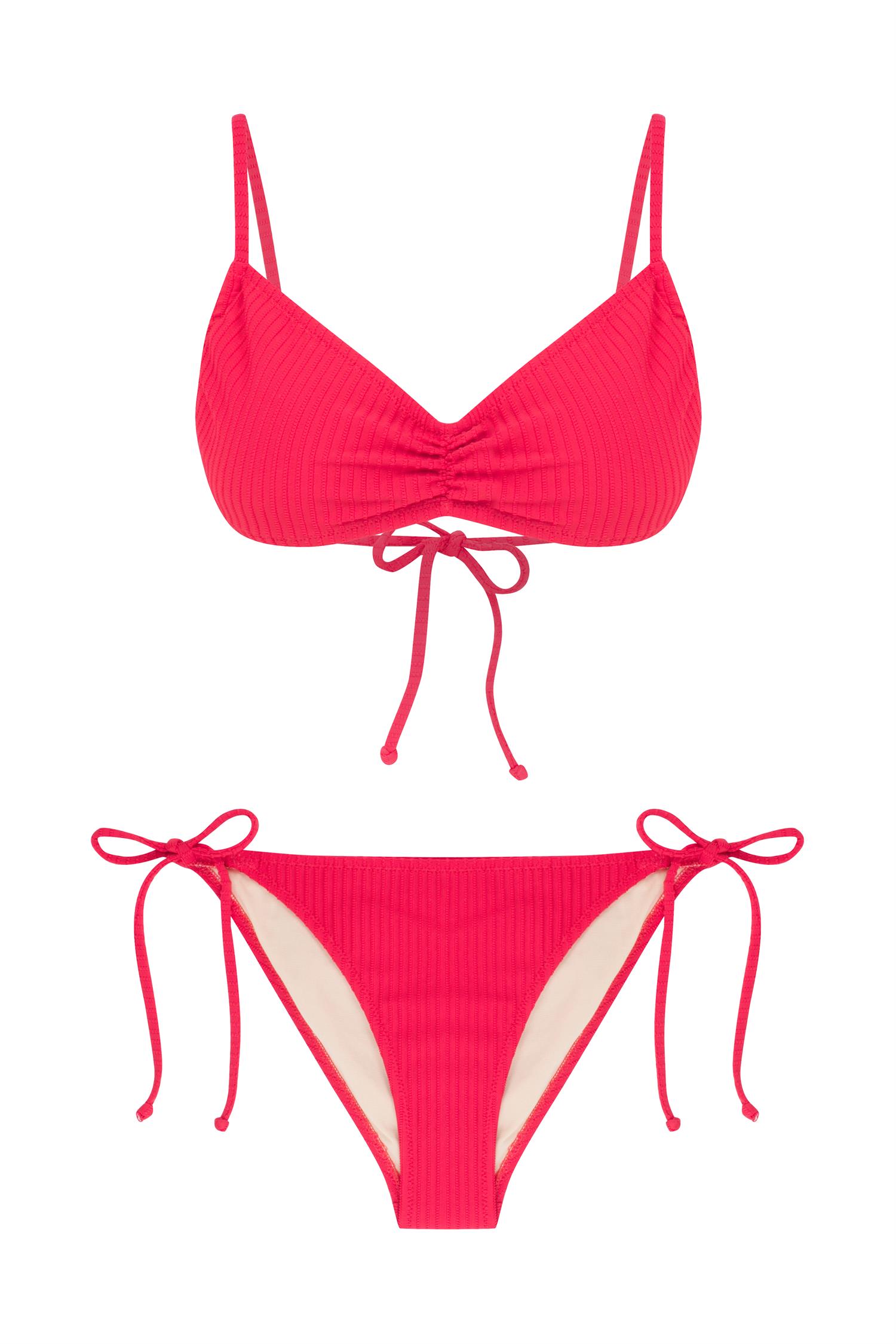 Fitilli Kırmızı Büzgülü Büstiyer Bikini Takım