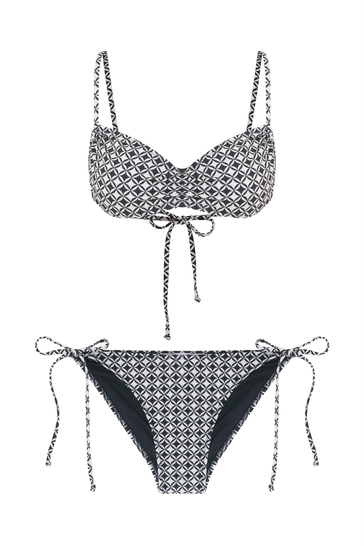Geometrik Desenli Büzgülü Büstiyer Bikini Takım