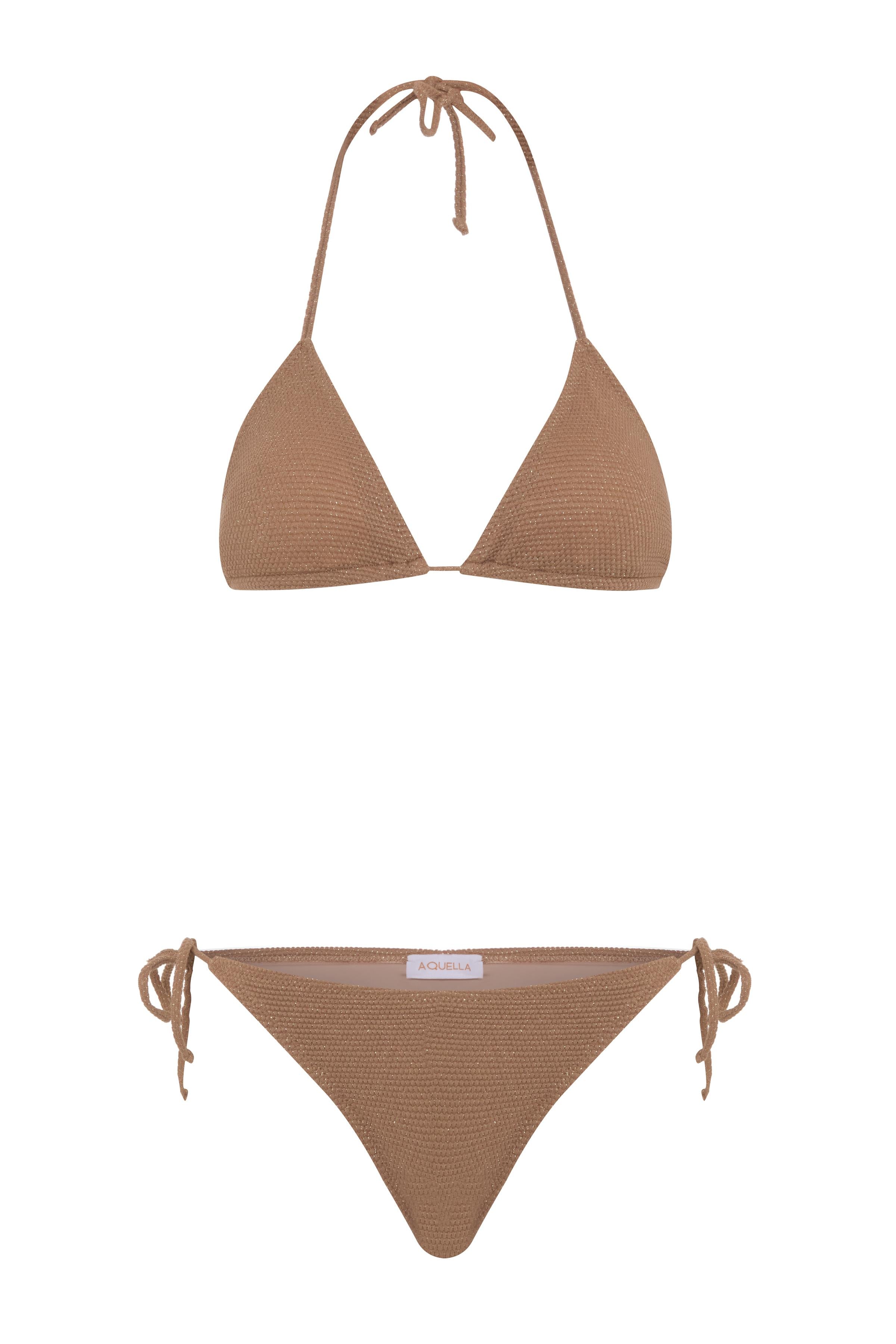 Gümüş Simli Bej Arkası Büzgülü Bikini Takım