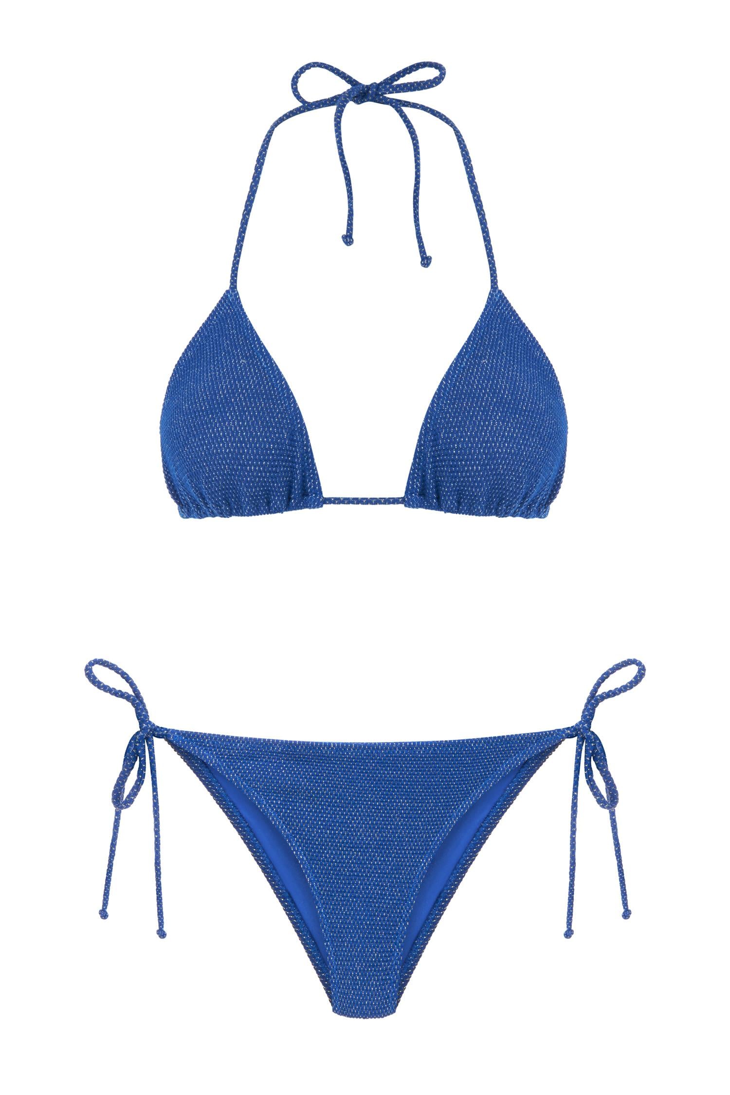 Gümüş Simli Saks Mavi Arkası Büzgülü Bikini Takım