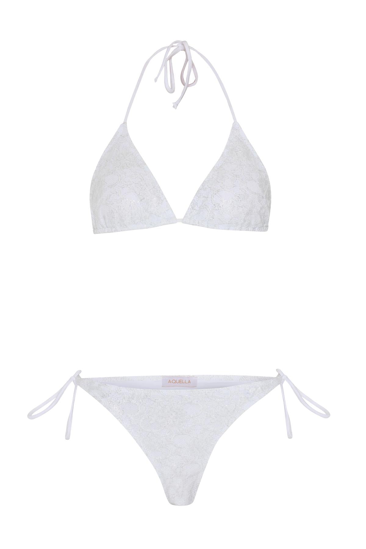 Güpür Dantel Beyaz Üçgen Bikini Takım