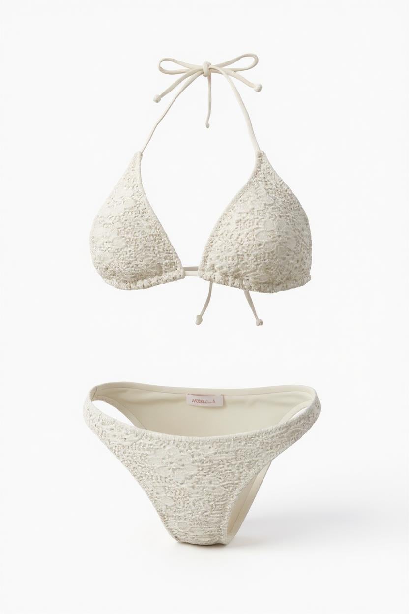 Güpür Dantel Ekru Üçgen Bikini Takım