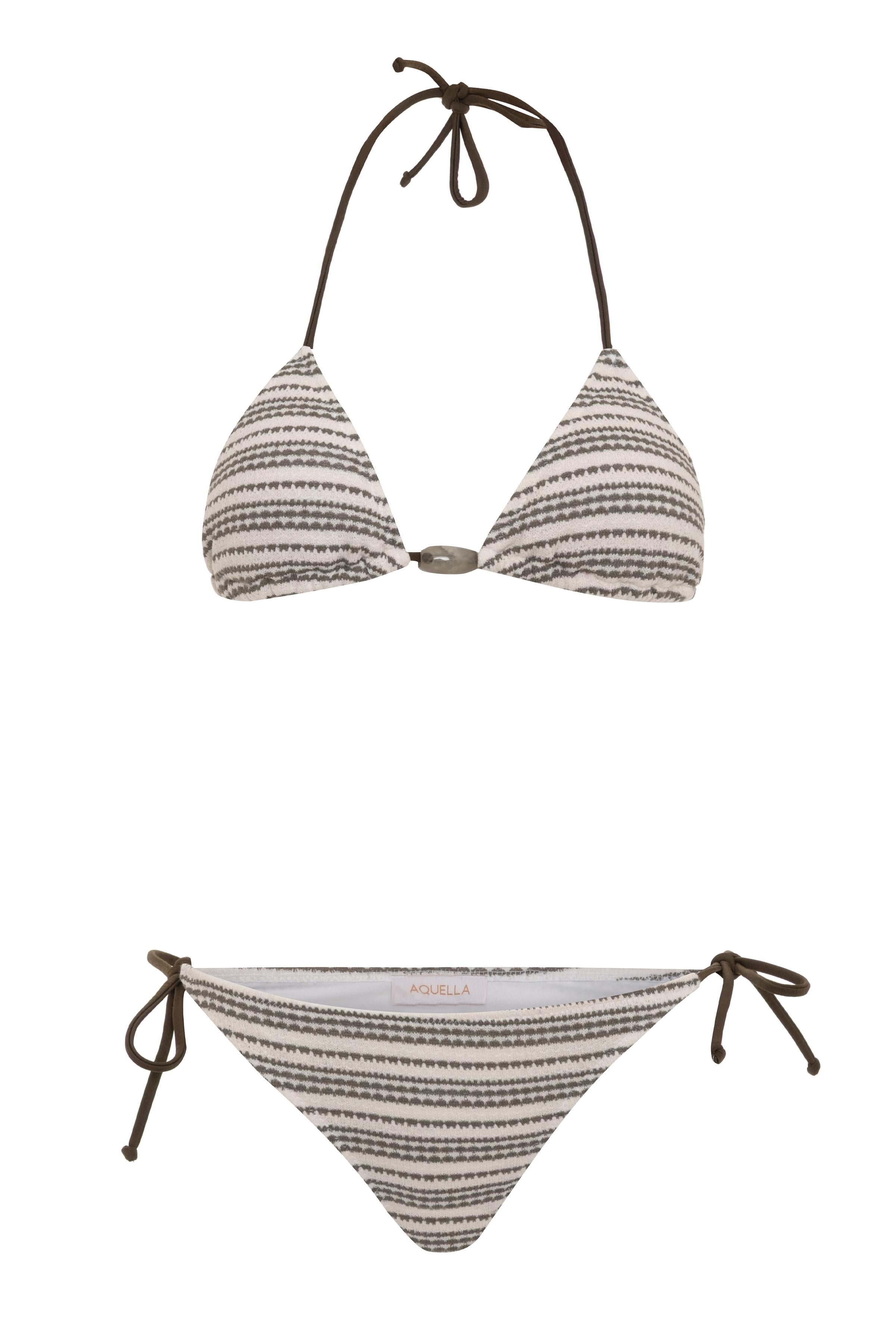 Haki Çizgili Triko Üçgen Bikini Takım