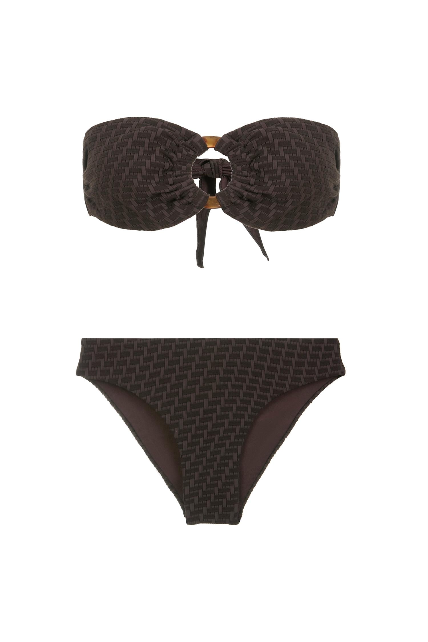 Halka Aksesuarlı Dokulu Acı Kahve Bikini Takım