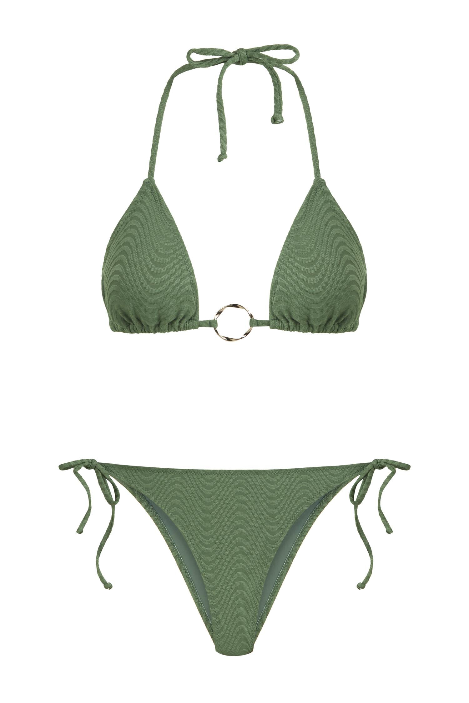 Halka Aksesuarlı Dokulu Yeşil Üçgen Bikini Takım