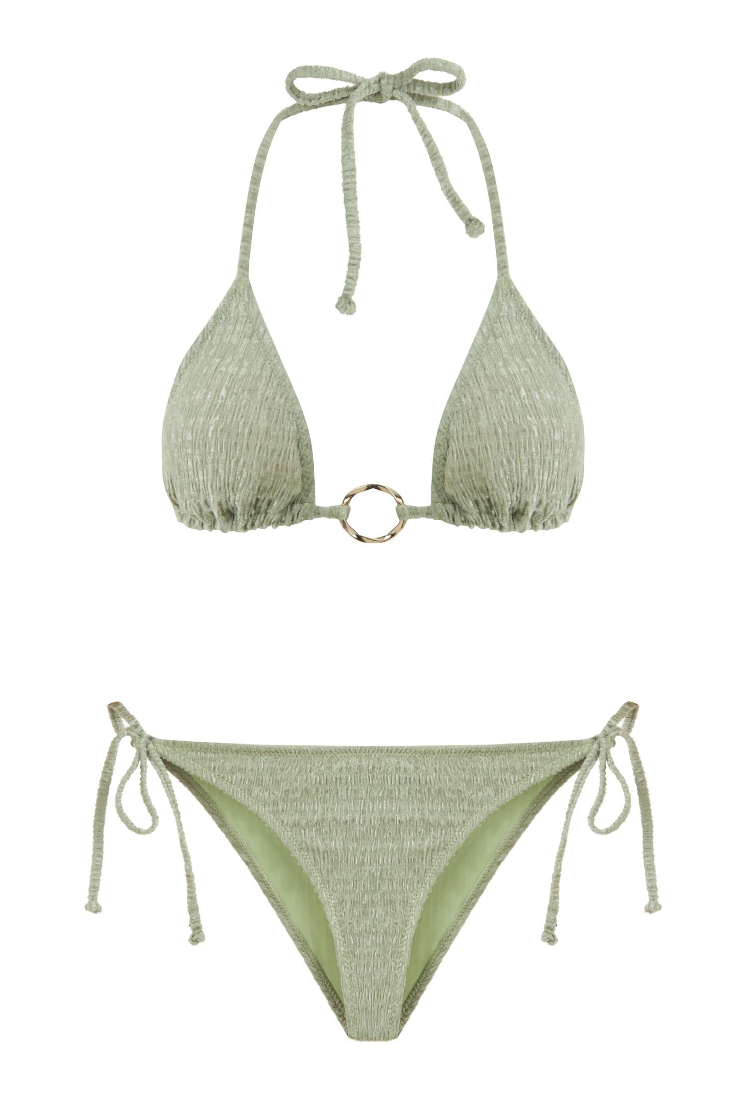 Halka Aksesuarlı Parlak Yeşil Üçgen Bikini Takım