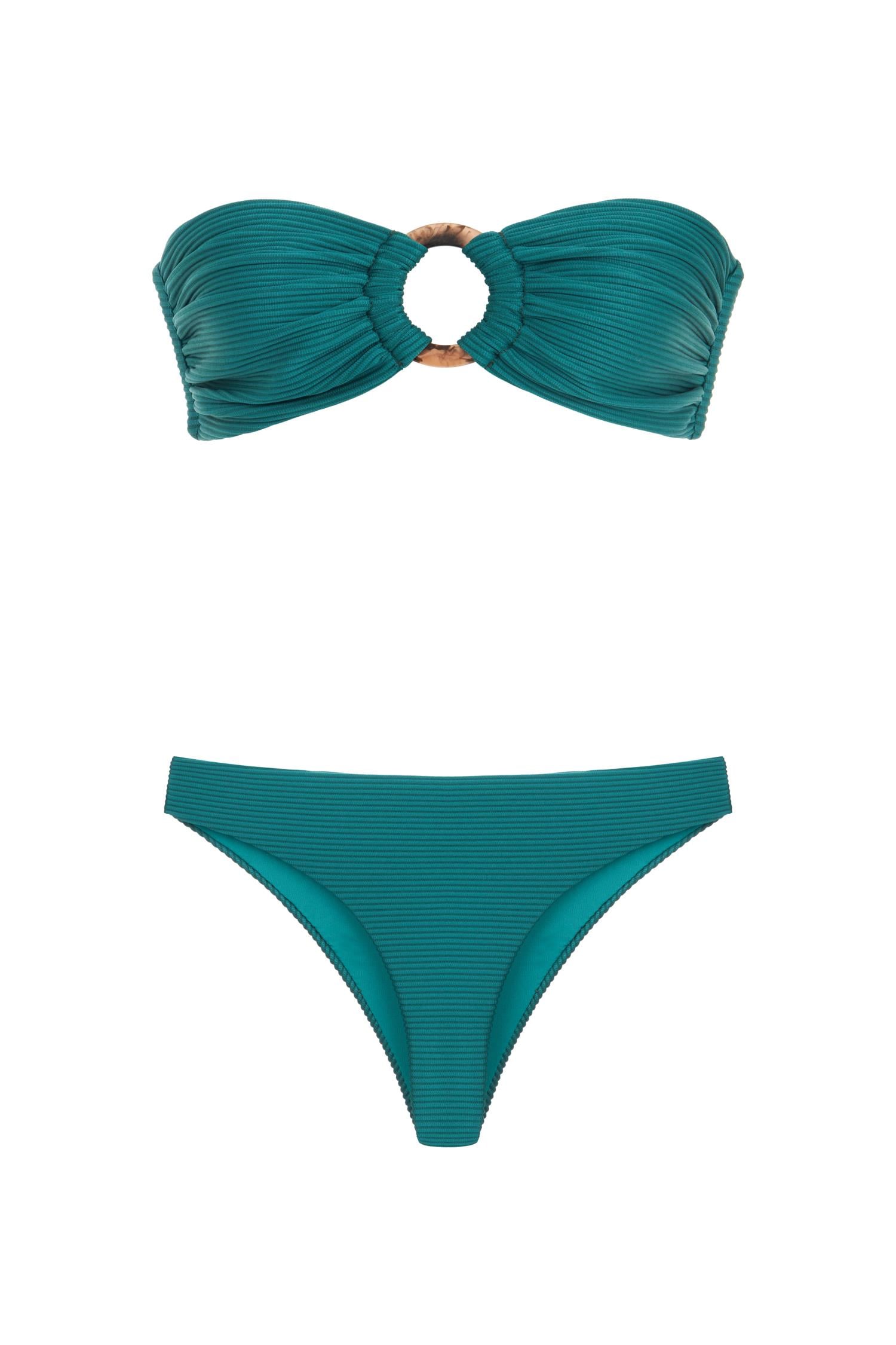 Halka Toka Aksesuarlı Dokulu Koyu Yeşil Bikini