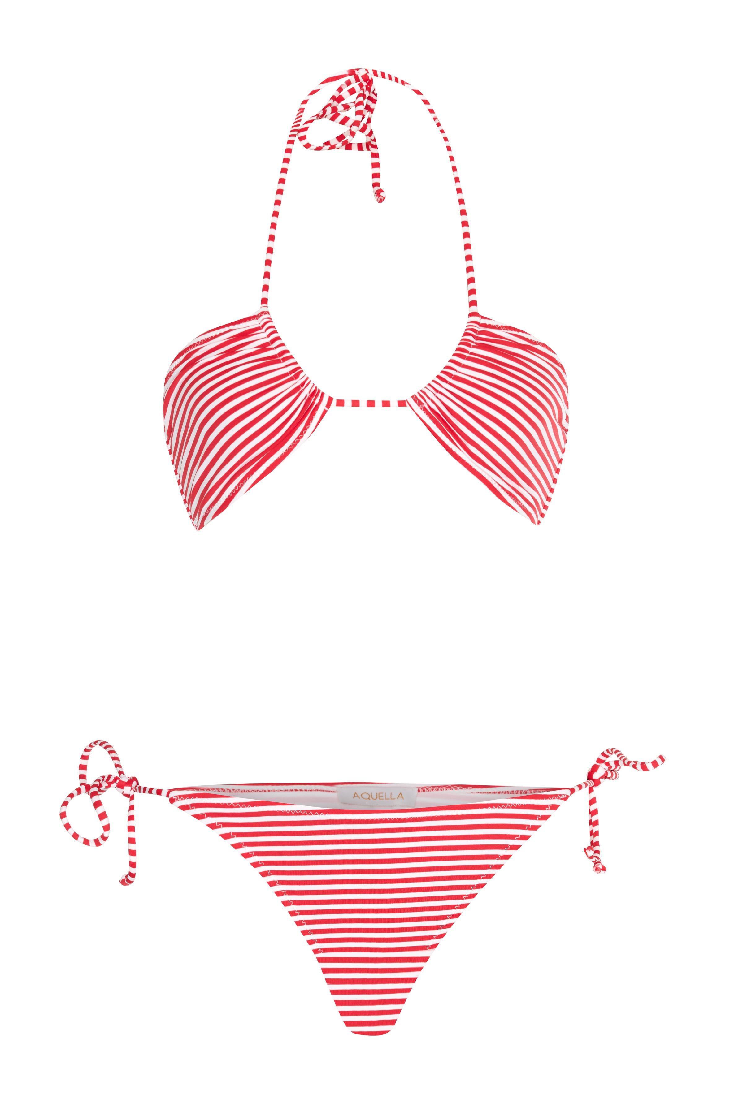 Halter Yaka Çizgili Kırmızı Bikini Takım
