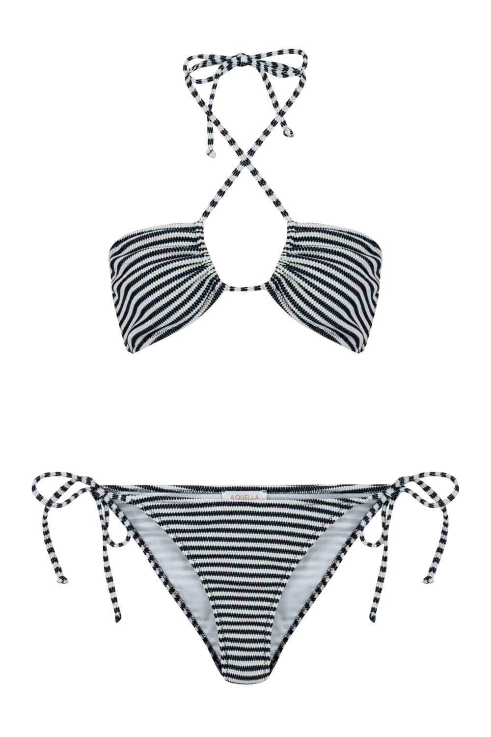Halter Yaka Dokulu Lacivert Çizgili Bikini Takım