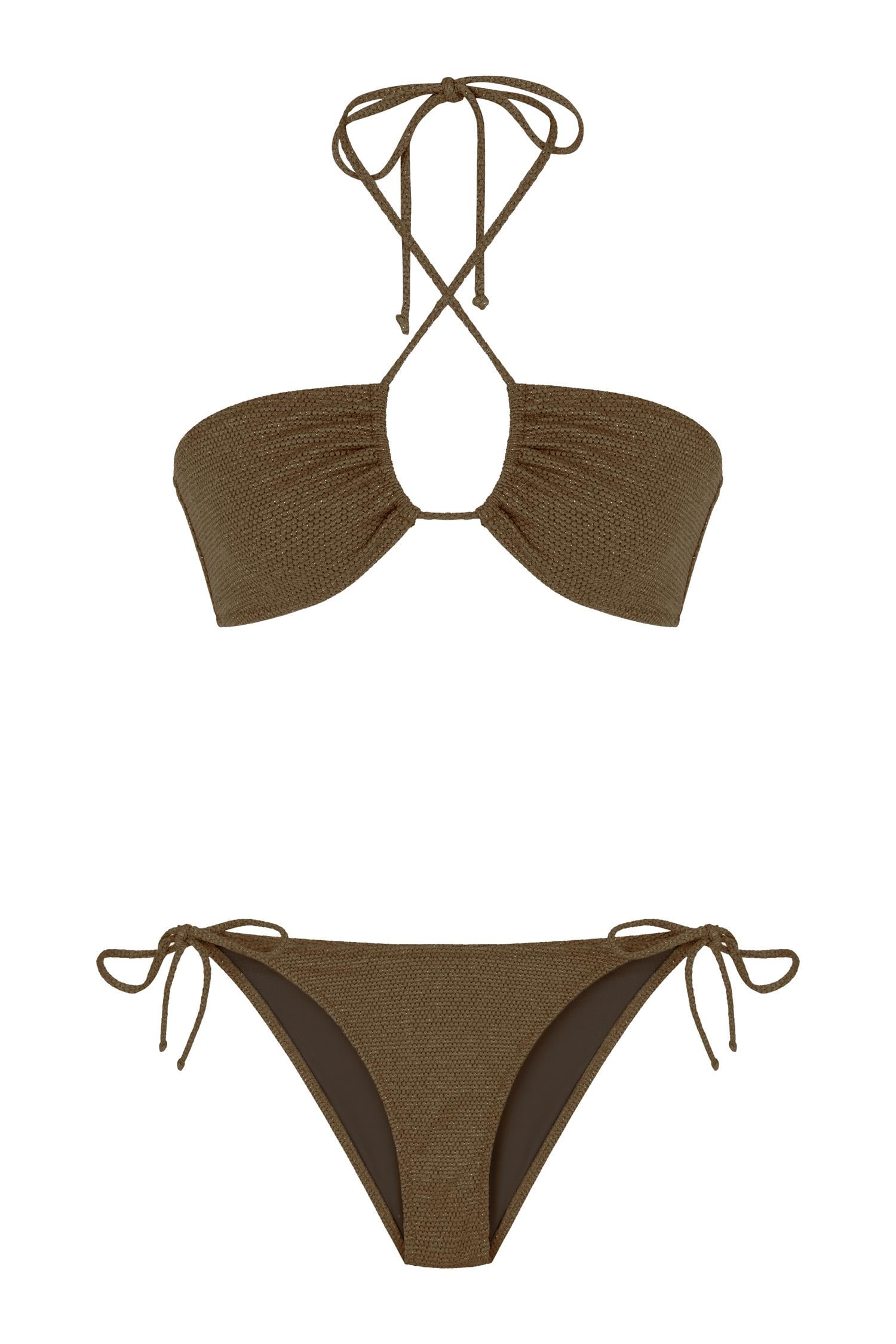 Halter Yaka Gold Simli Dokulu Kahve Bikini Takım