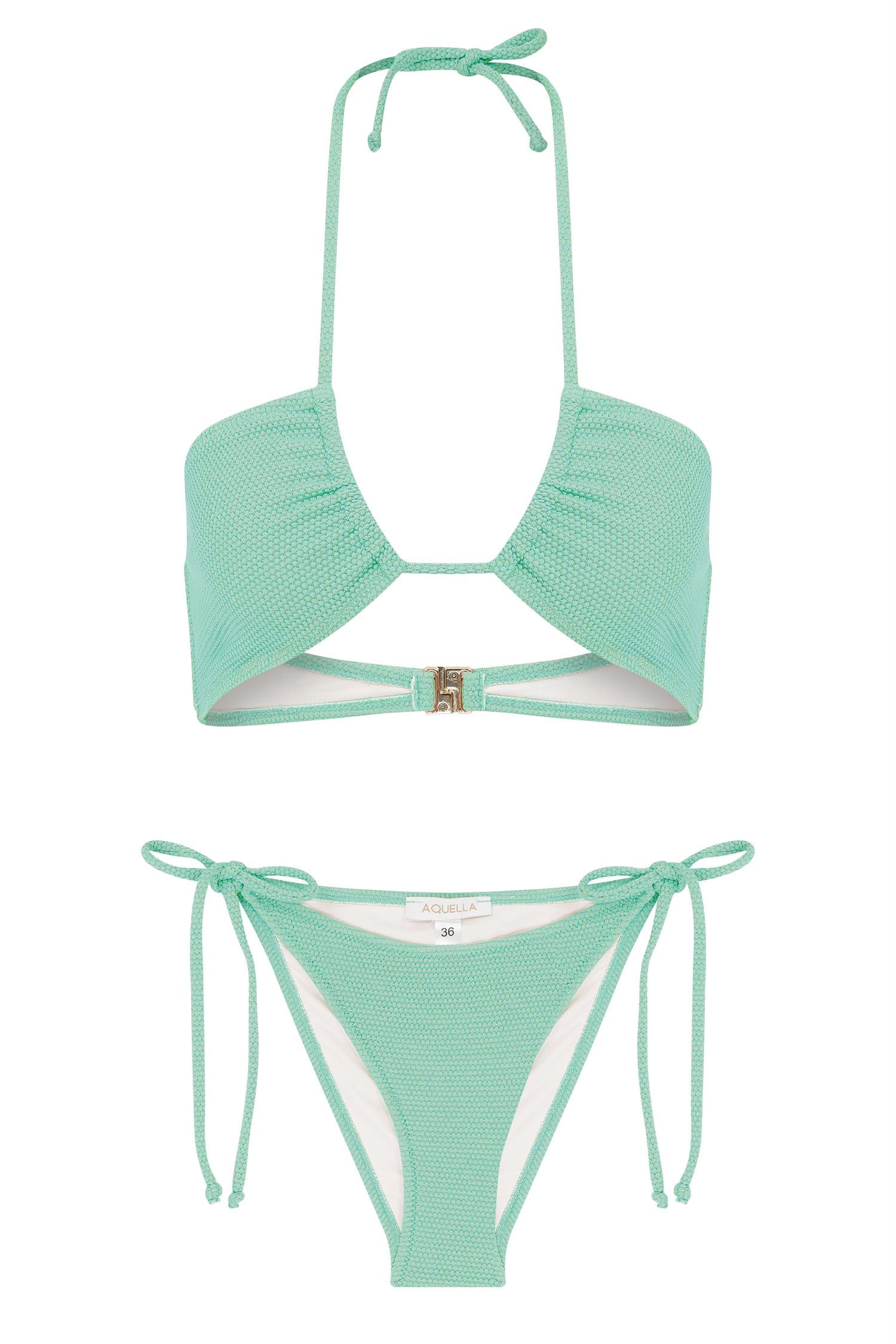 Halter Yaka Gold Simli Dokulu Yeşil Bikini Takım