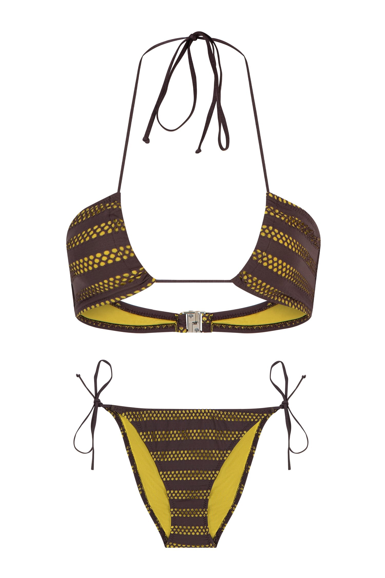 Halter Yaka Kahve File Bikini Takım