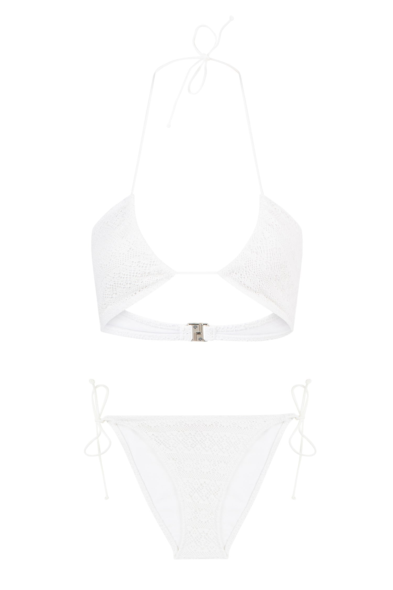 Halter Yaka Kırık Beyaz File Bikini Takım