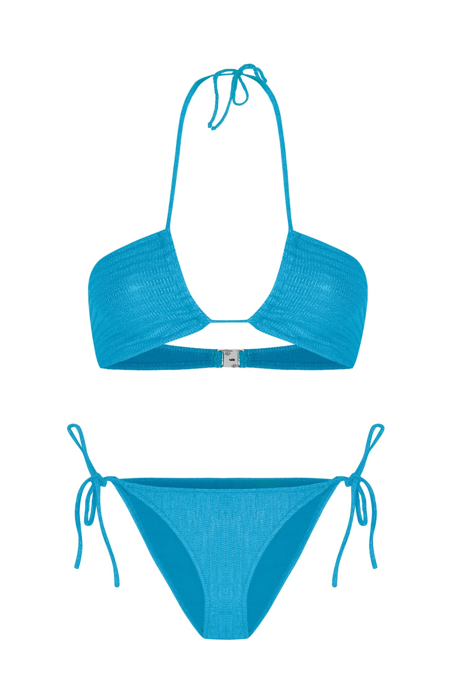 Halter Yaka Merserize Triko Mavi Bikini Takım