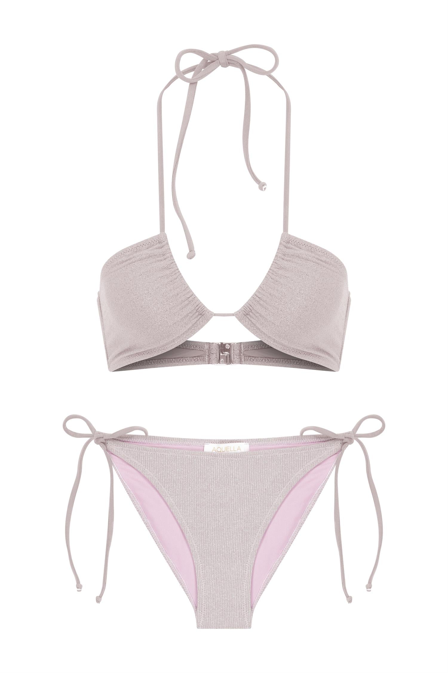 Halter Yaka Parlak Simli Lila Bikini Takım