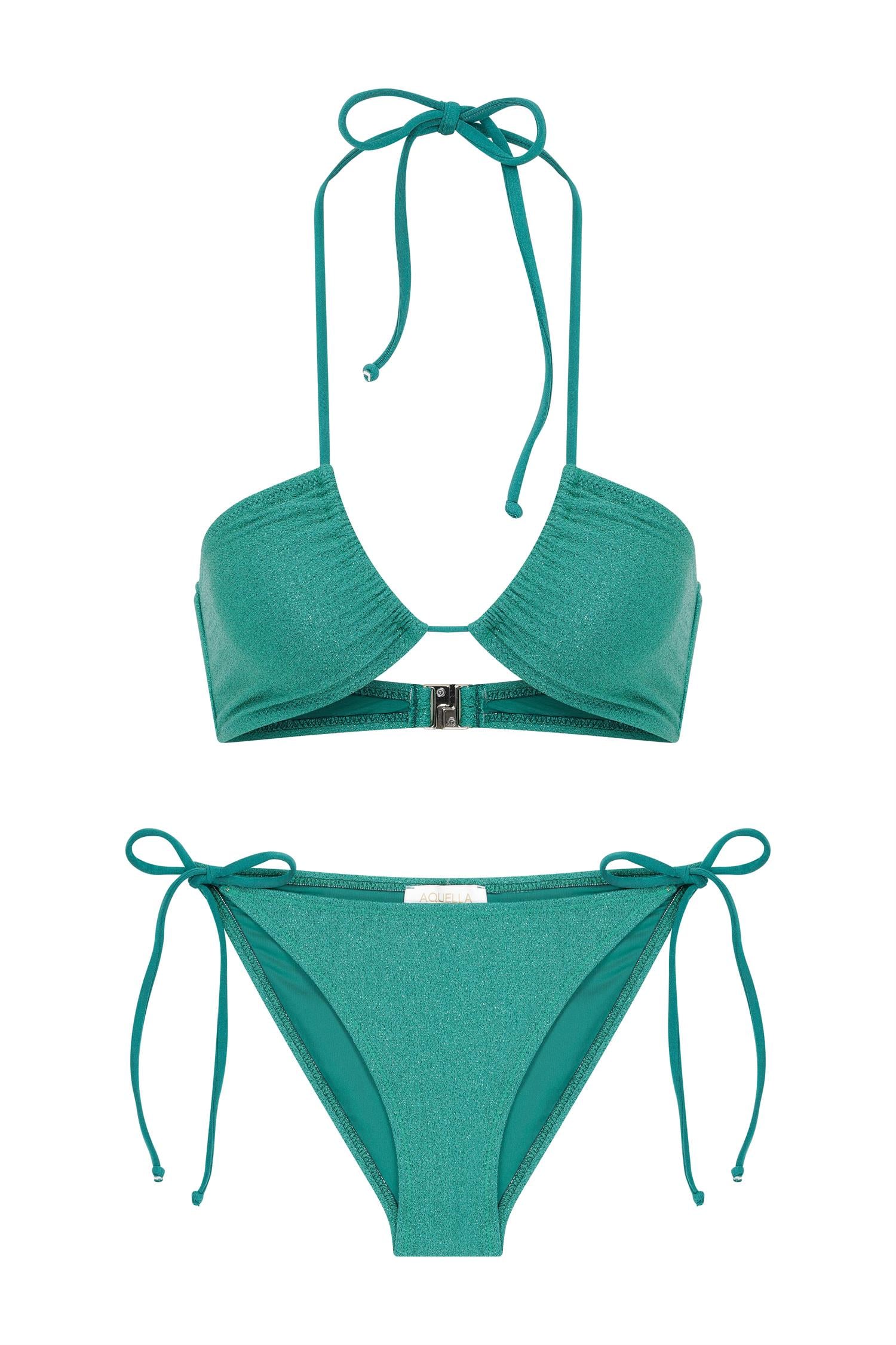 Halter Yaka Parlak Simli Yeşil Bikini Takım