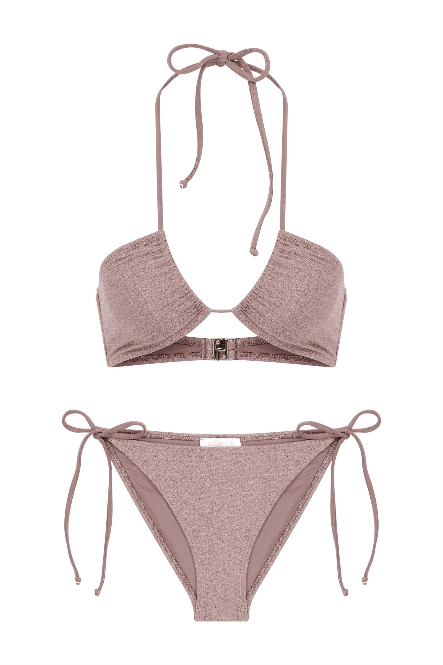 Halter Yaka Simli Gül Kurusu Bikini Takım