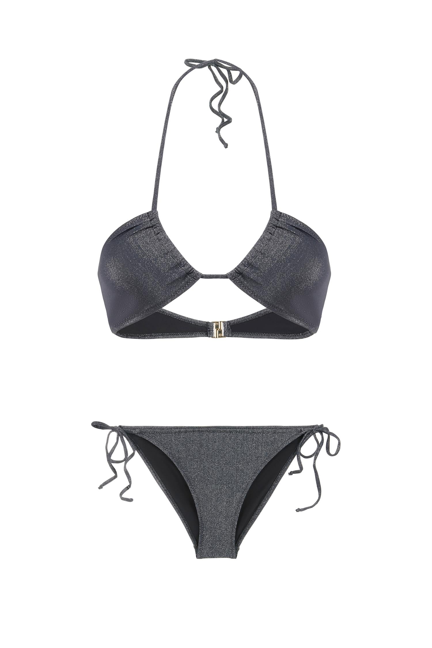 Halter Yaka Simli Siyah Bikini Takım