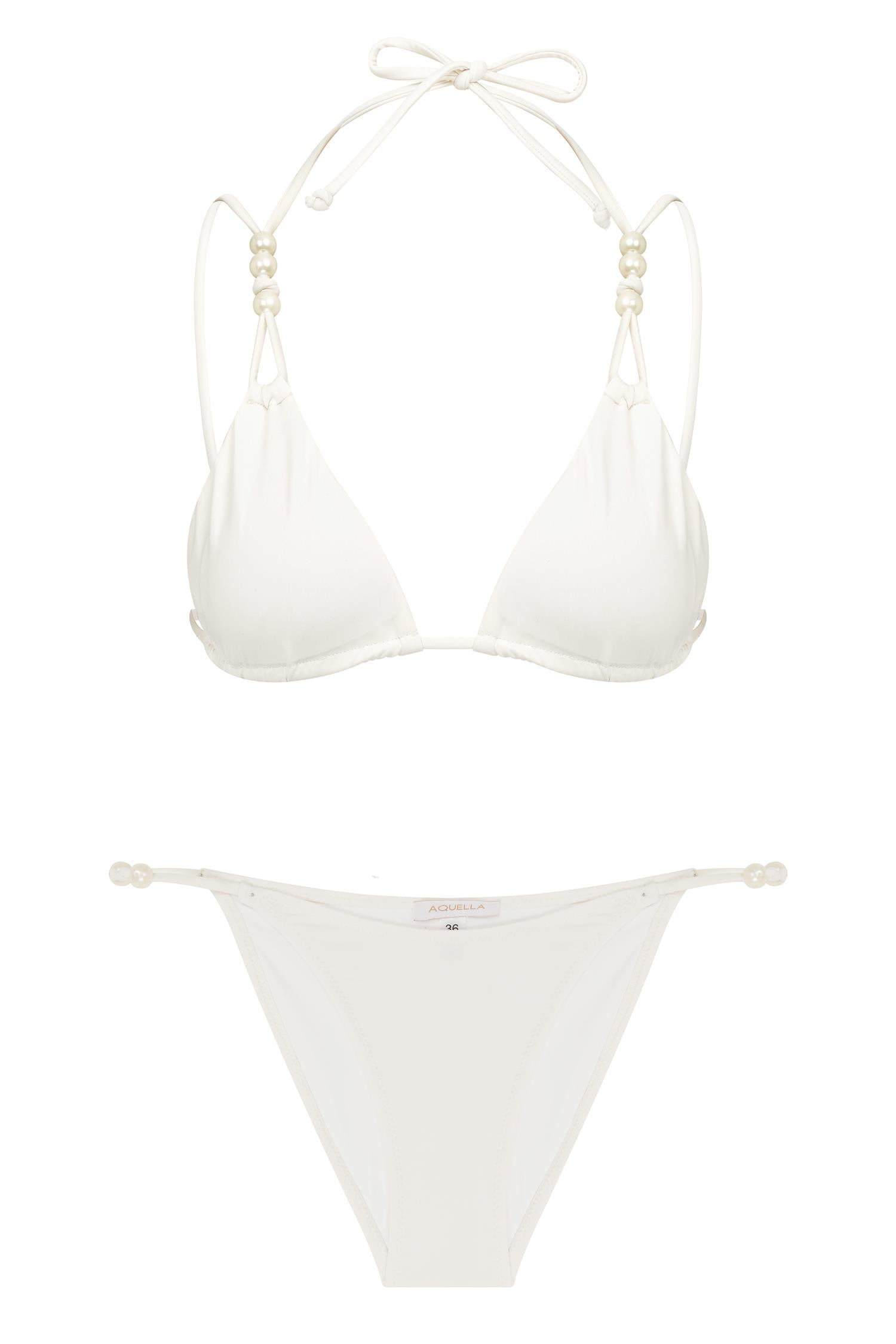 İnci Detaylı Ekru Üçgen Bikini Takım