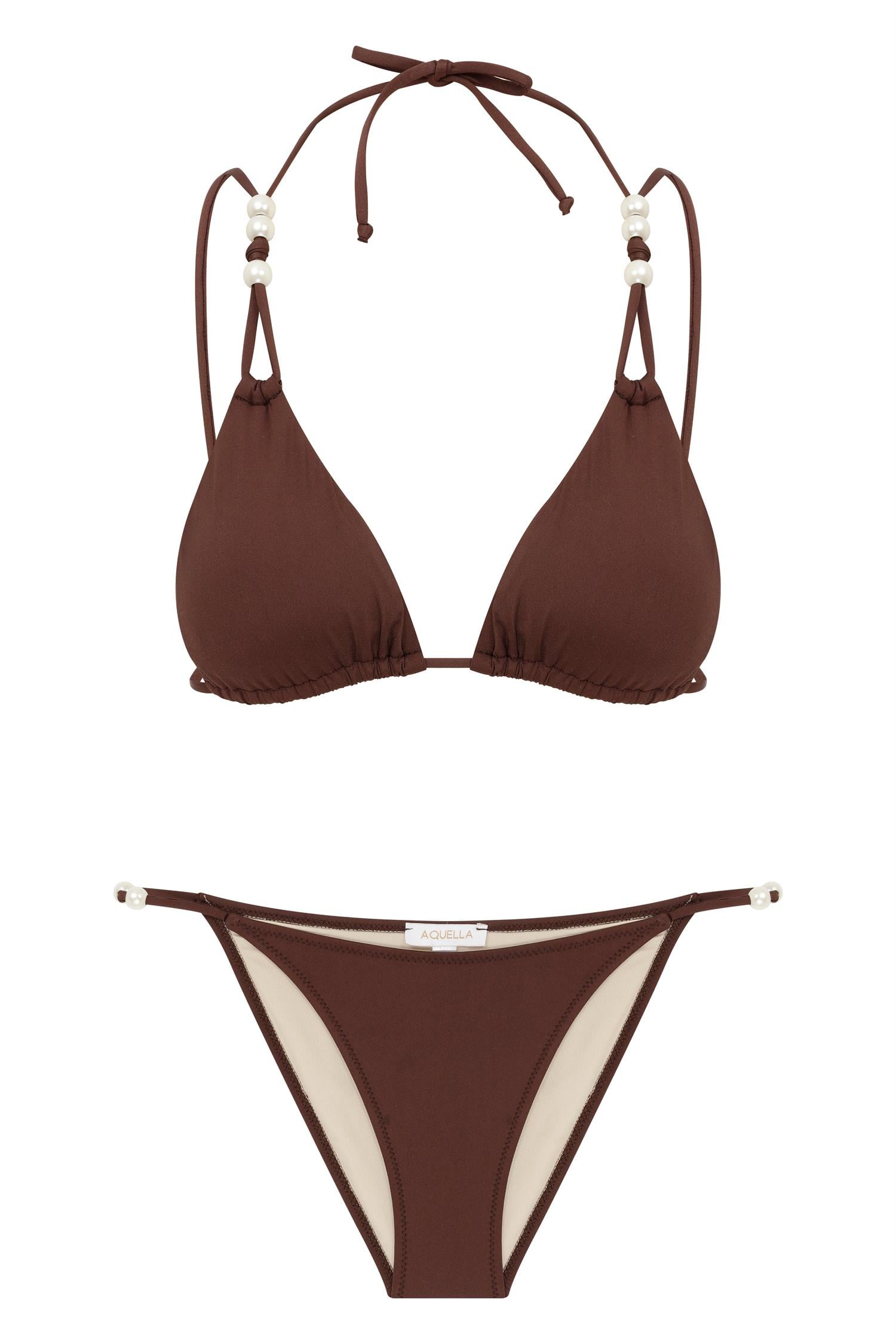 İnci Detaylı Kahve Üçgen Bikini Takım