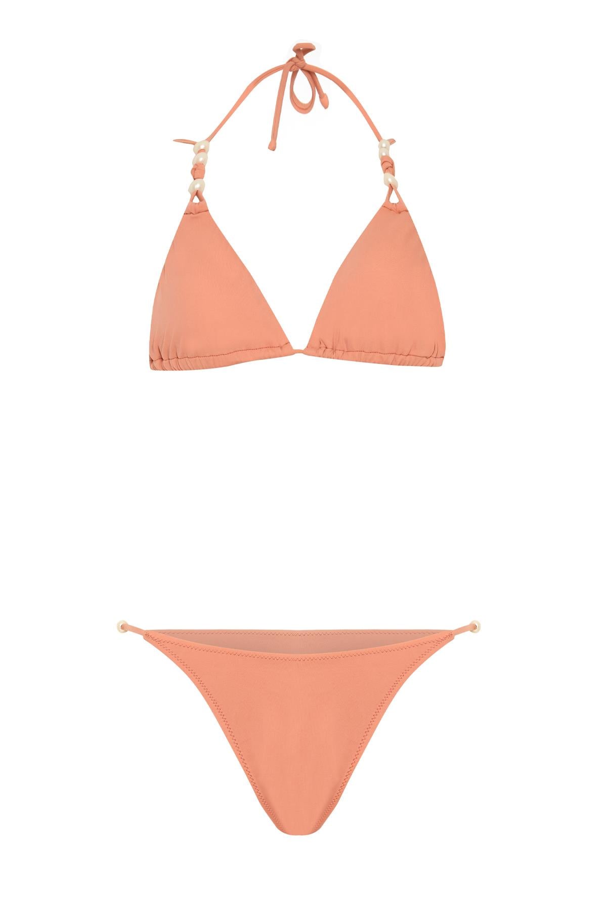 İnci Detaylı Somon Üçgen Bikini Takım