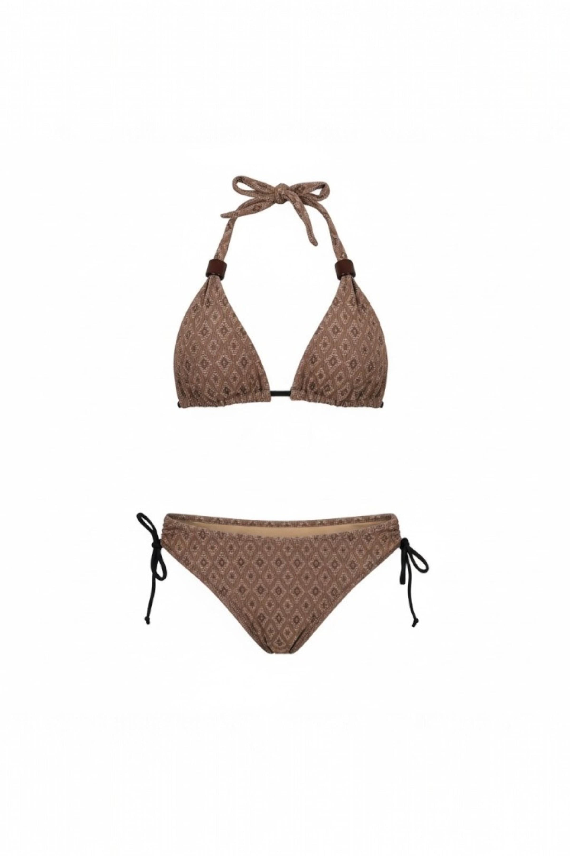 Jakarlı Aksesarlı Vizon Uzun Üçgen Bikini Takım