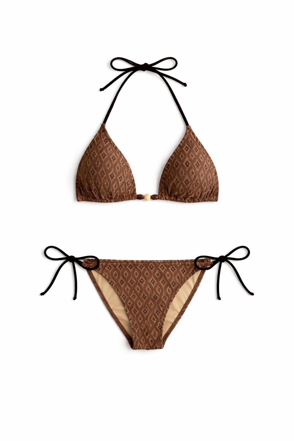 Jakarlı Desenli Vizon Üçgen Bikini Takım