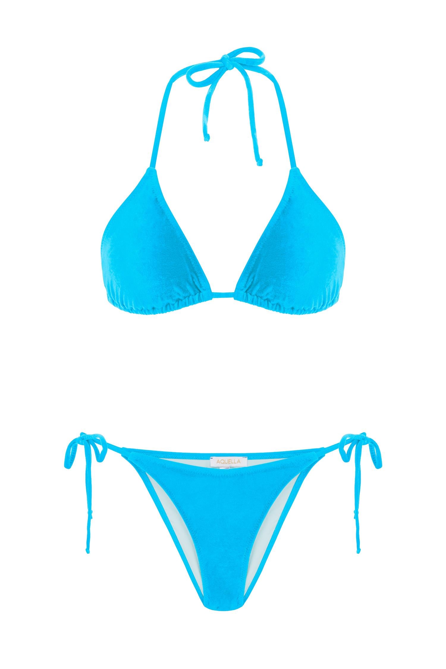 Kadife Dokulu Mavi Üçgen Bikini Takım