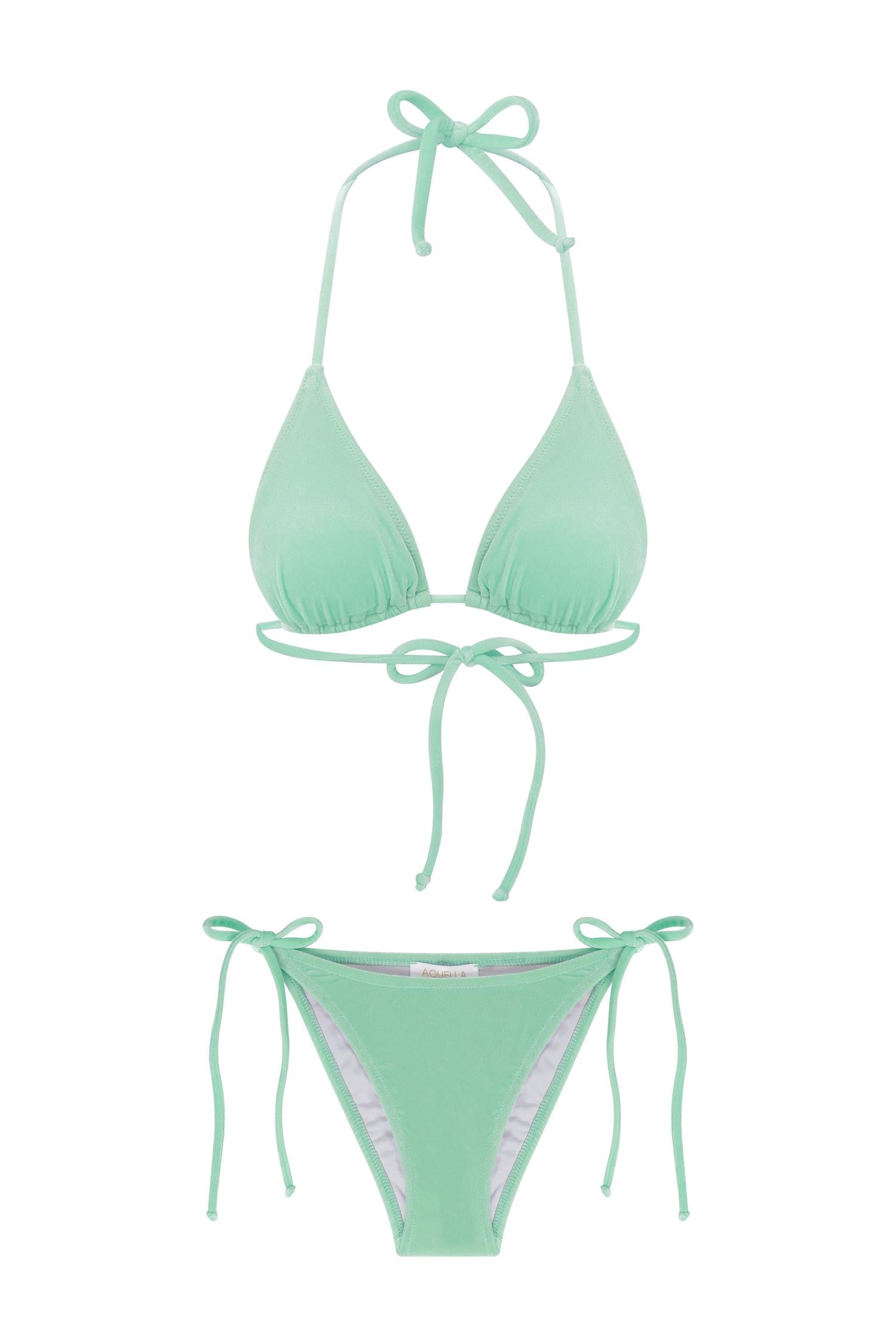 Kadife Dokulu Mint Üçgen Bikini Takım