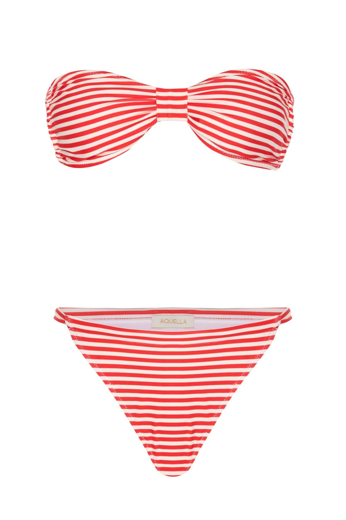 Kalın Kırmızı Stripe Straplez Bikini