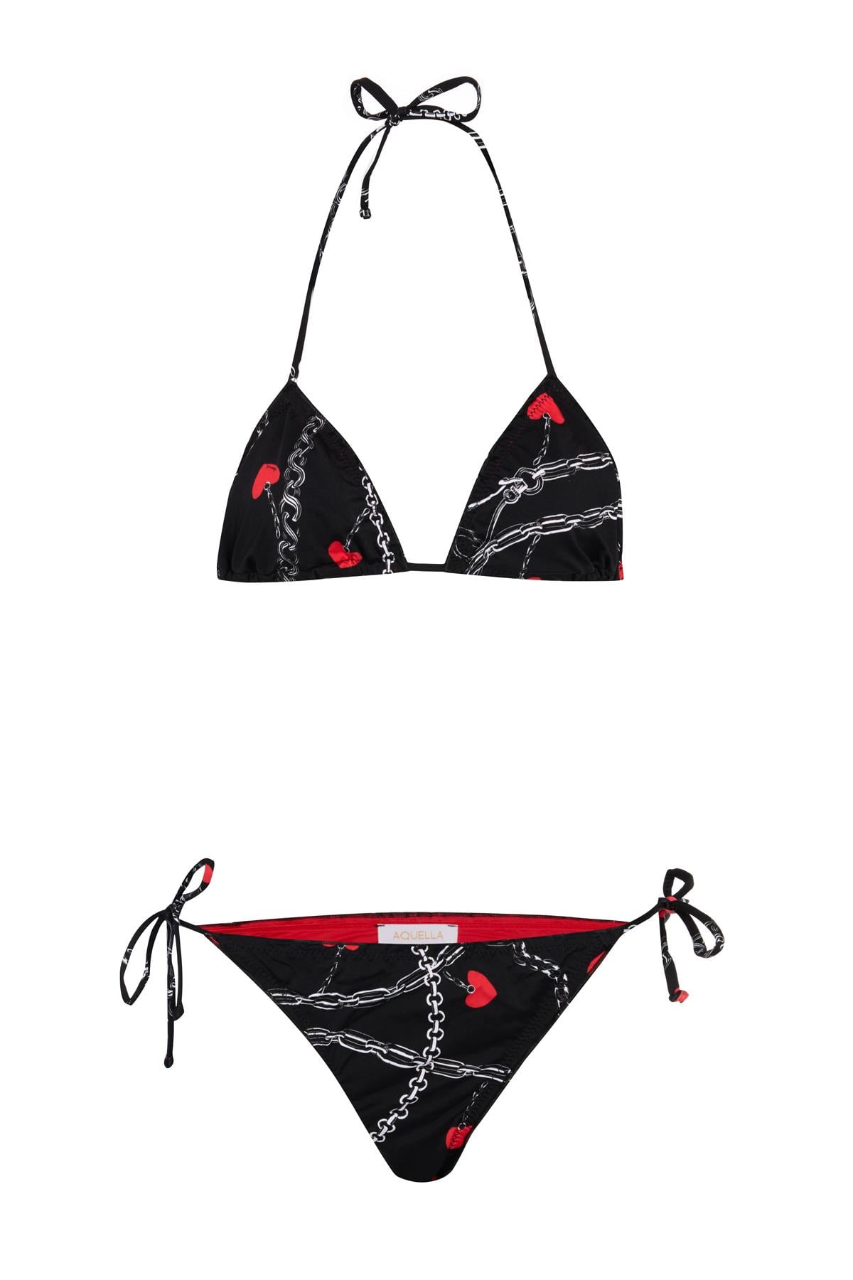 Kalp Baskı Siyah Üçgen Bikini Takım