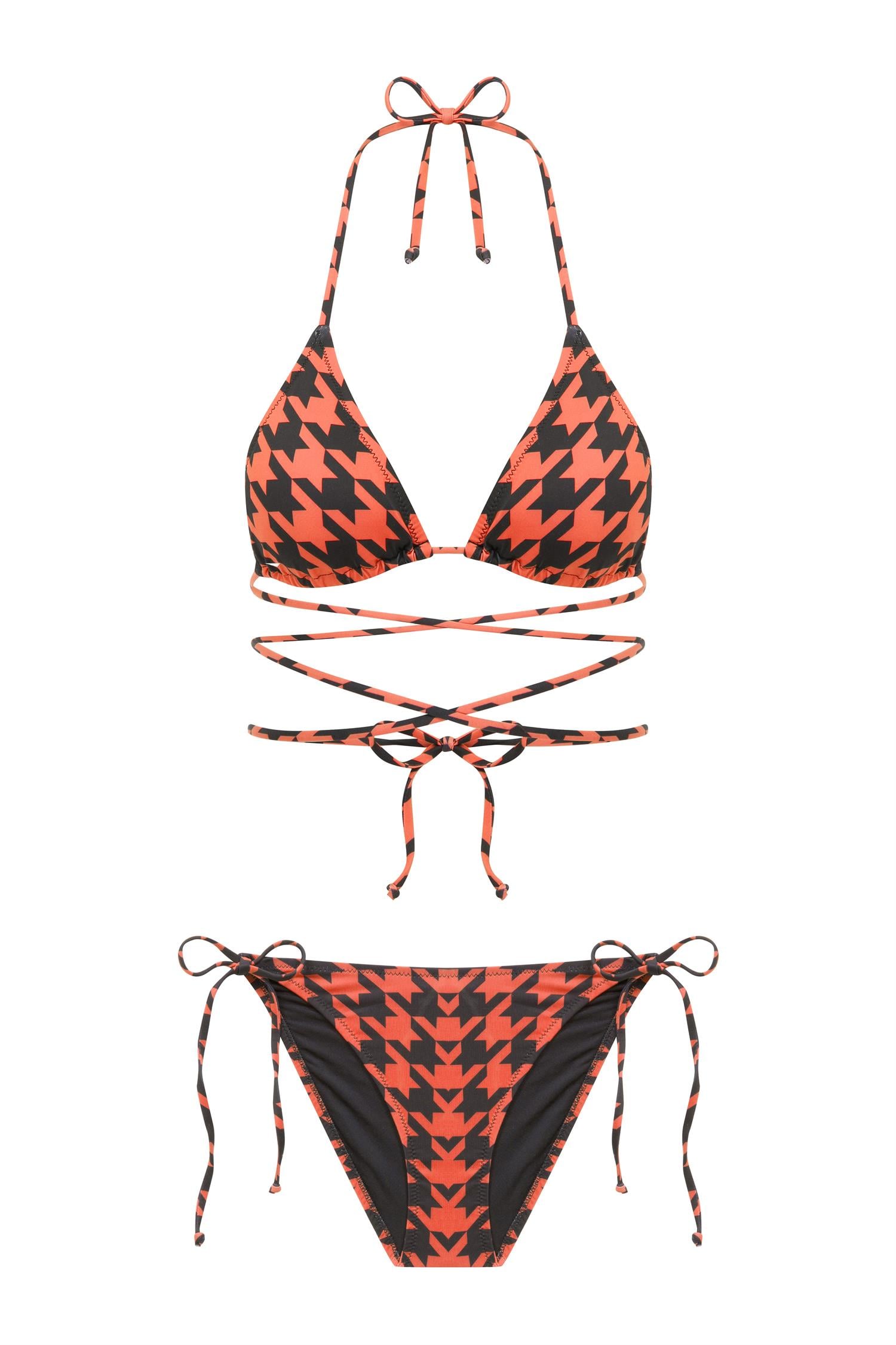 Kazayağı Desen Turuncu Üçgen Bikini Takım