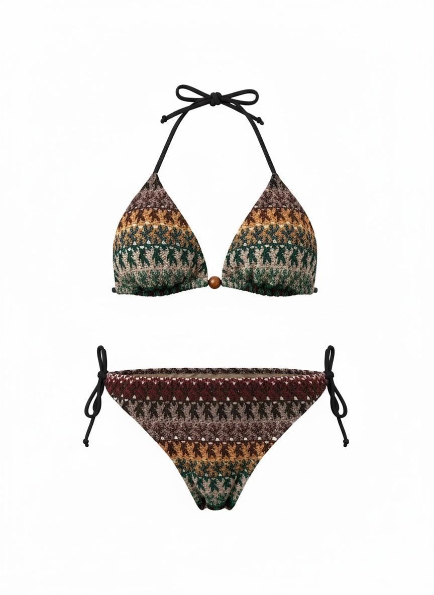 Kendinden Desenli Triko Üçgen Bikini Takım