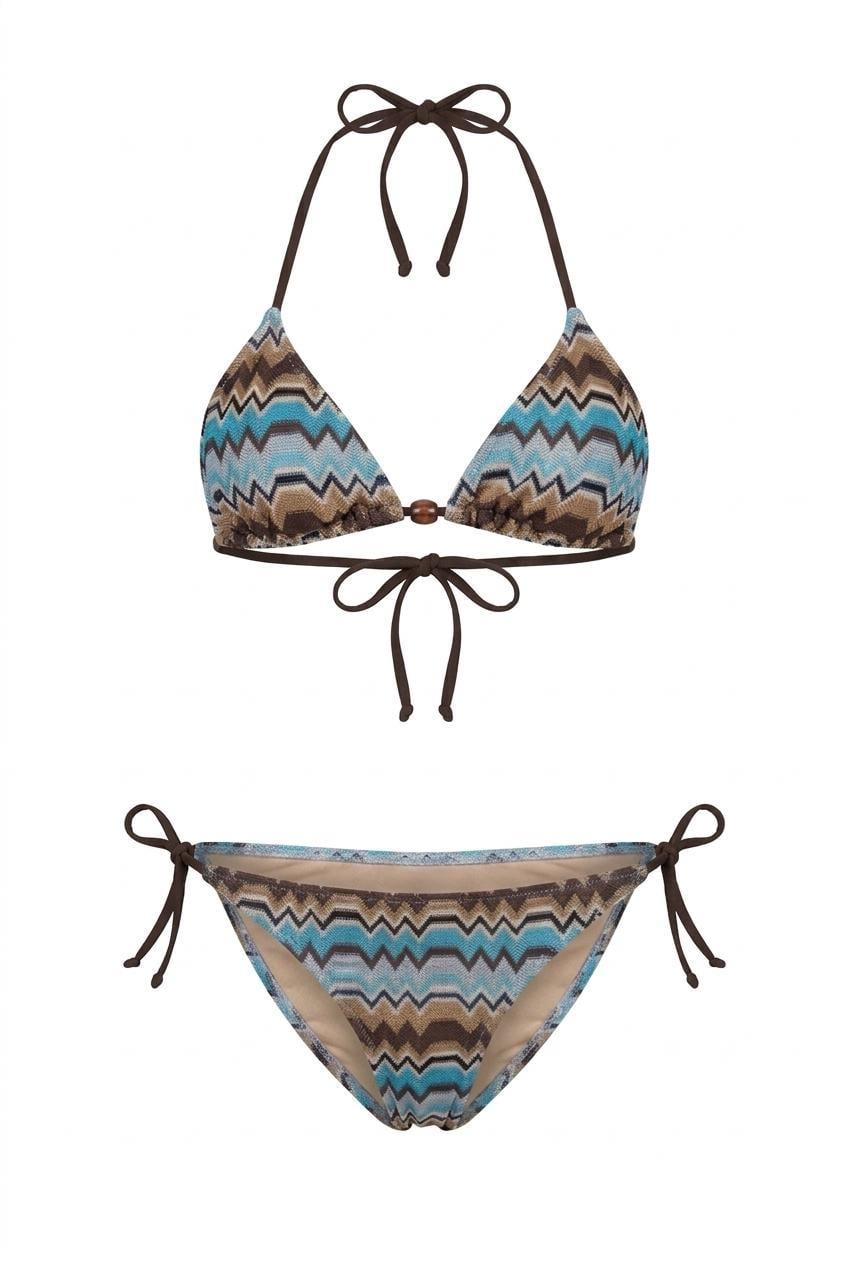 Kendinden Desenli Triko Üçgen Bikini Takım