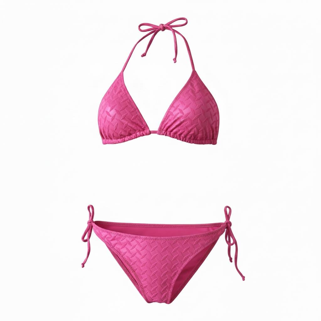 Kendinden Dokulu Pembe Üçgen Bikini Takım