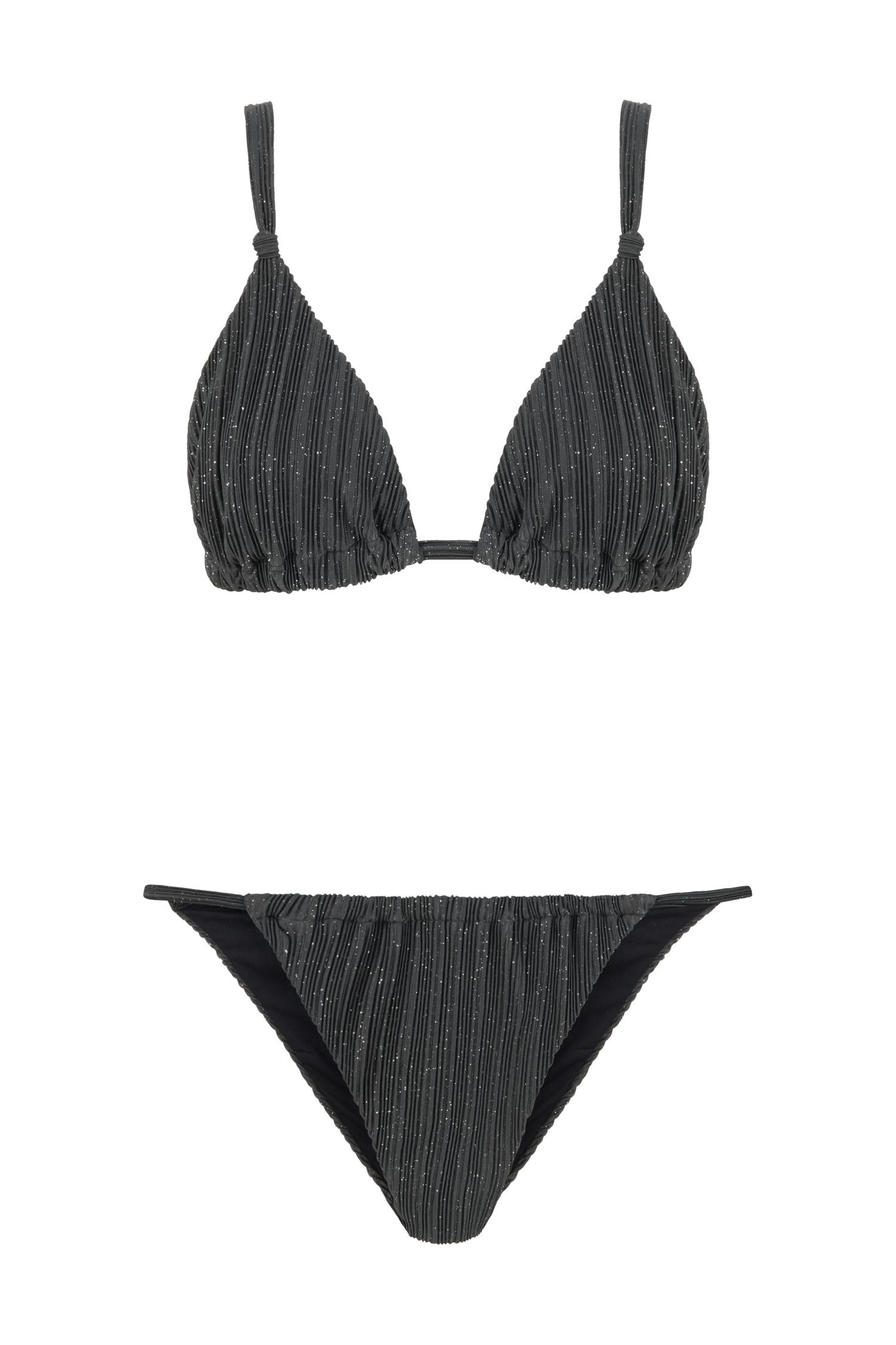 Kömür Karası Pilili Düğüm Detaylı Üçgen Bikini Takım
