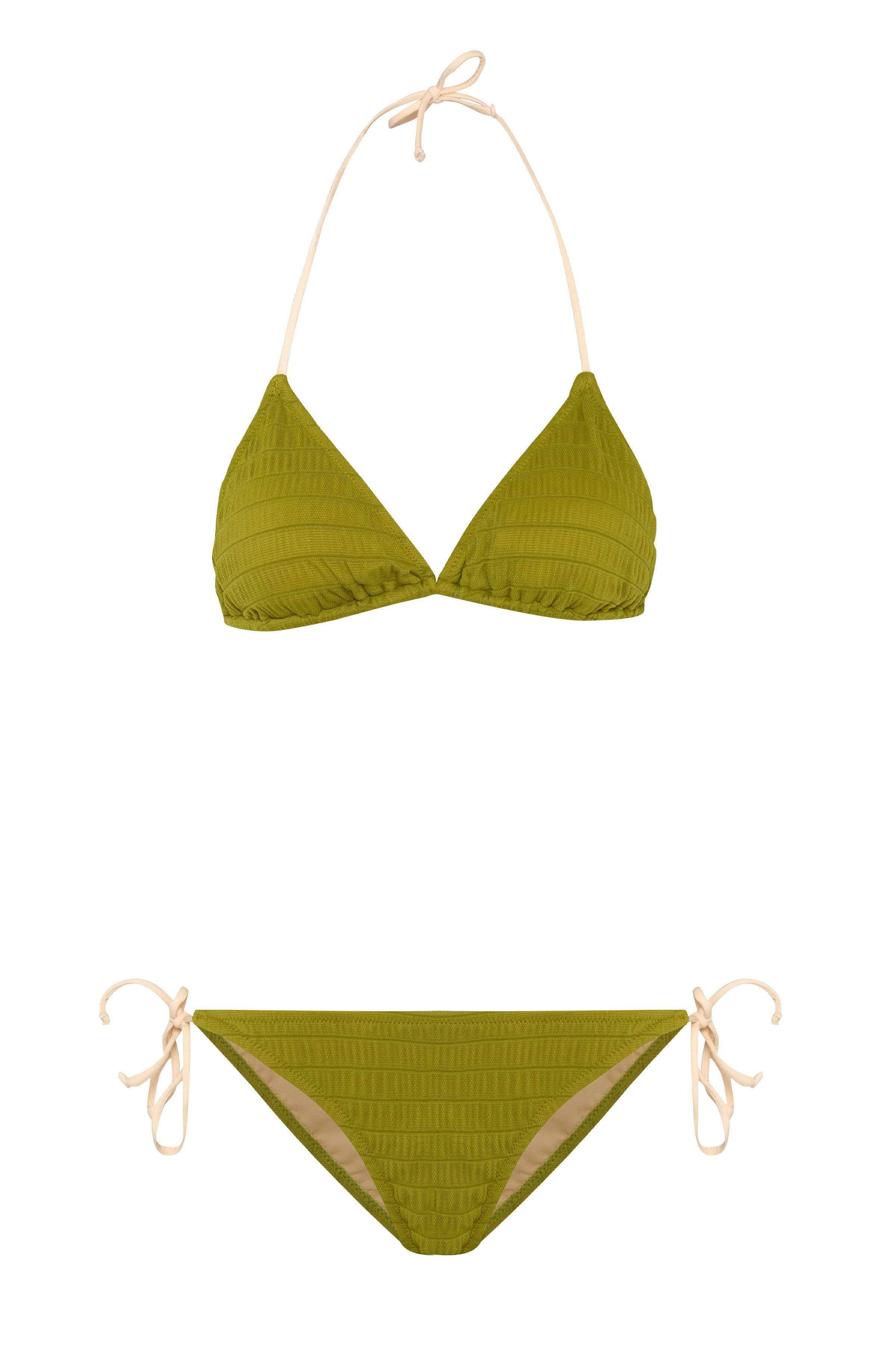 Lastik Örgülü Yağ Yeşili Üçgen Bikini Takım