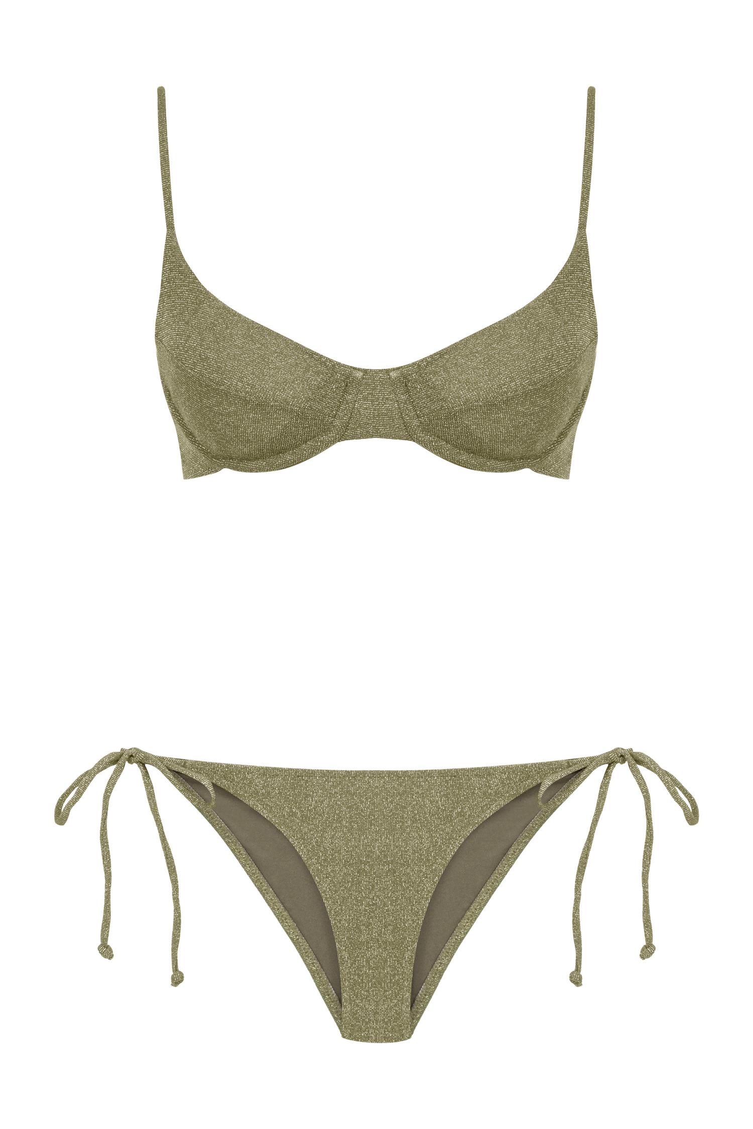 Lurex Arkası Büzgülü Balenli Haki Bikini Takım