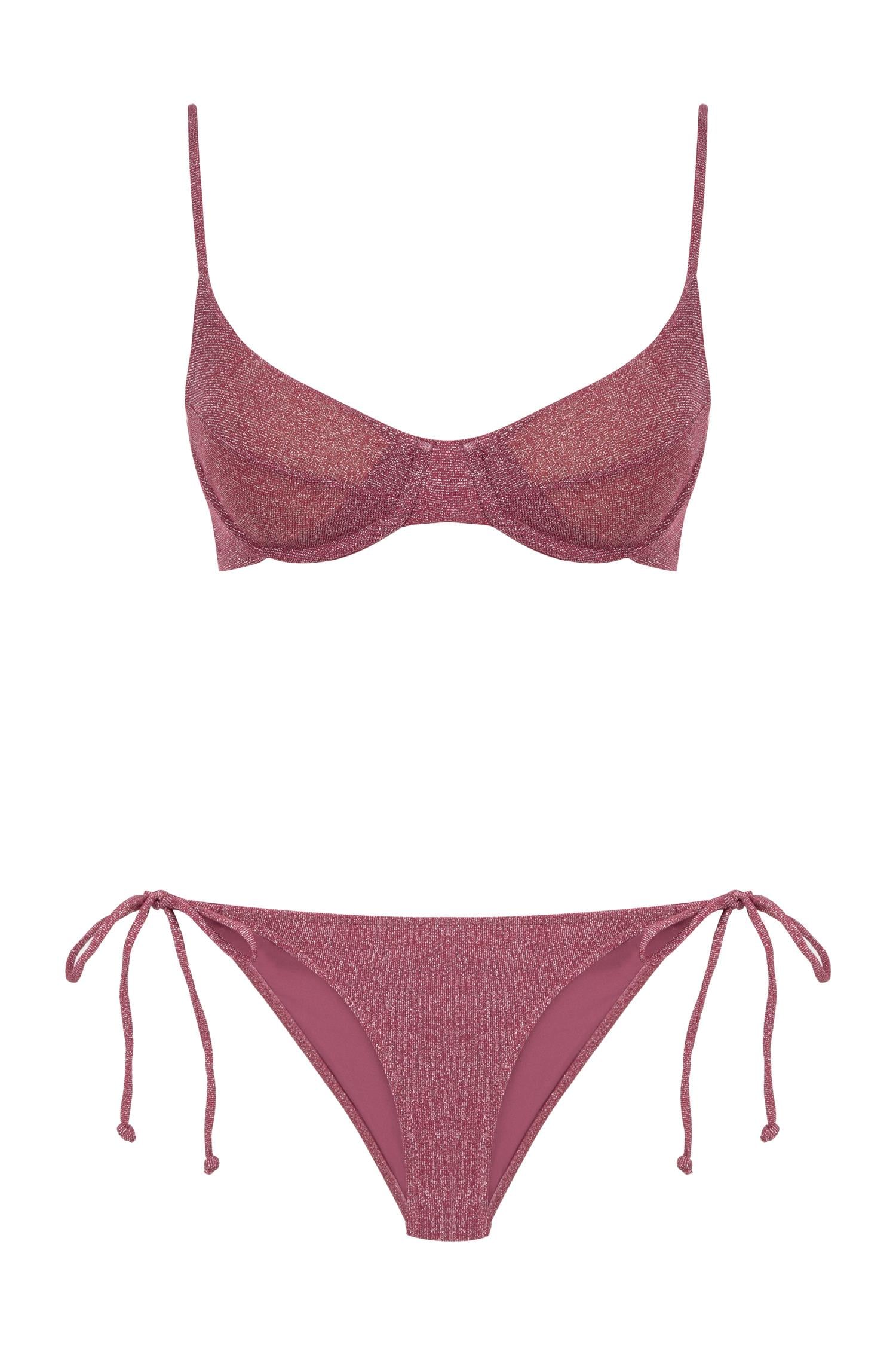Lurex Büzgülü Balenli Fuşya Bikini Takım