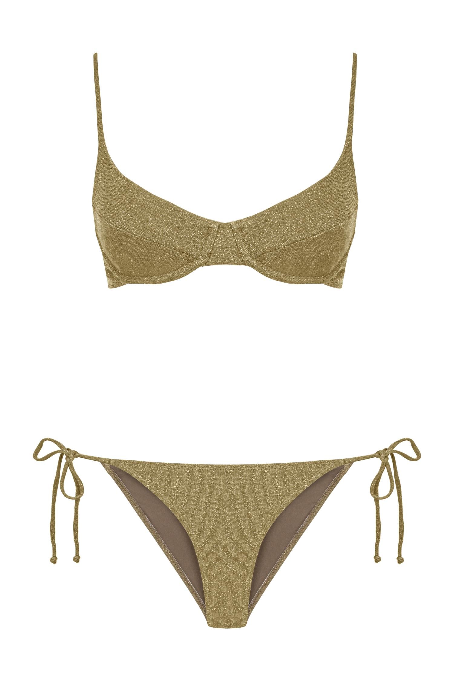 Lurex Büzgülü Balenli Gold Bikini Takım