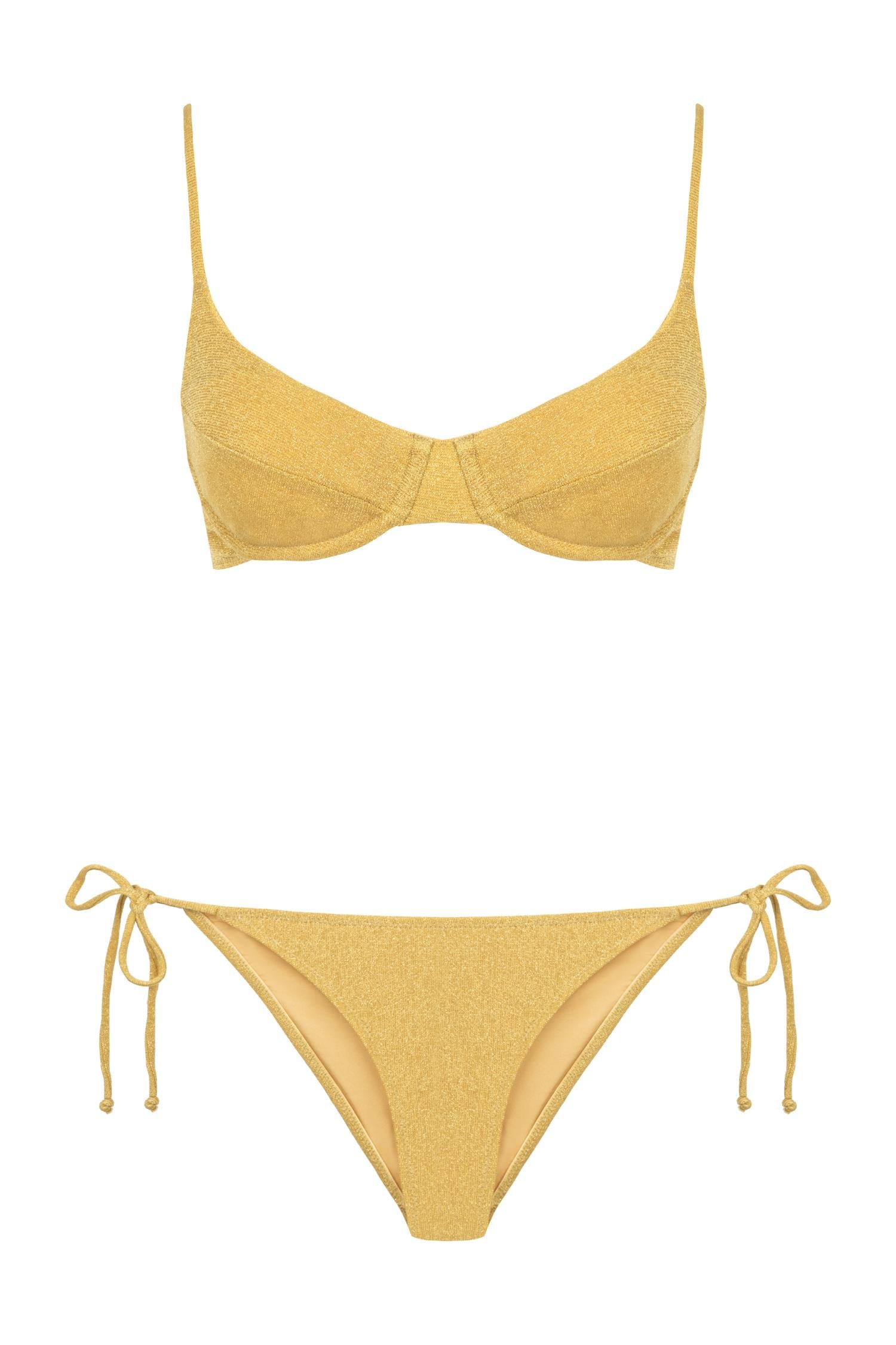 Lurex Büzgülü Balenli Hardal Bikini Takım