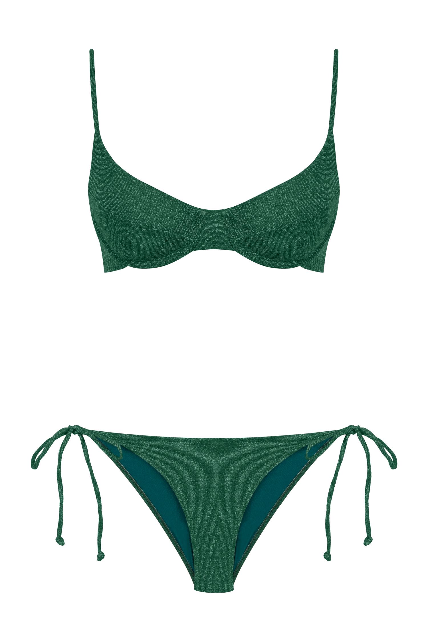 Lurex Büzgülü Balenli Yeşil Bikini Takım