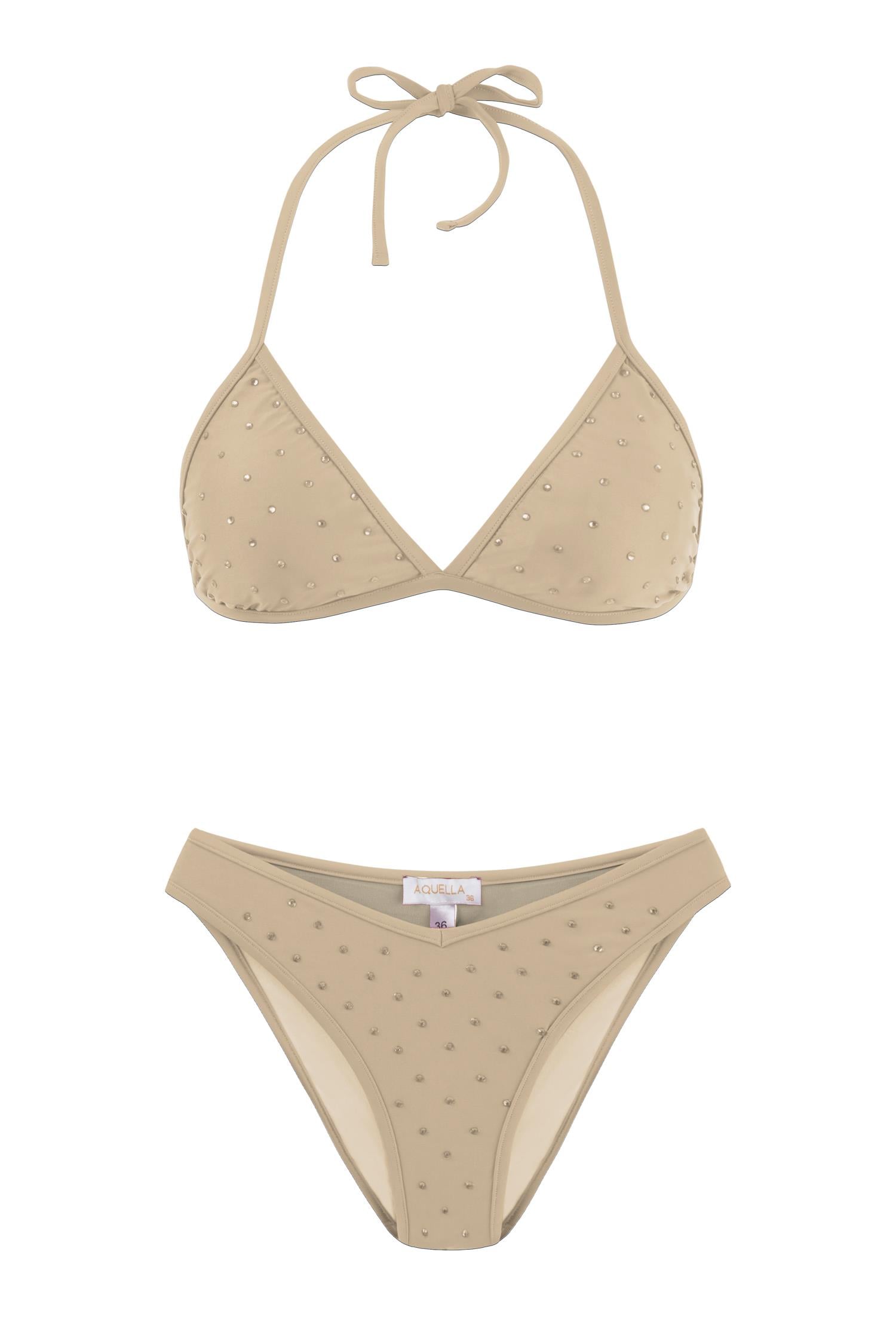 Parlak Taşlı Bej Üçgen Bikini Takım