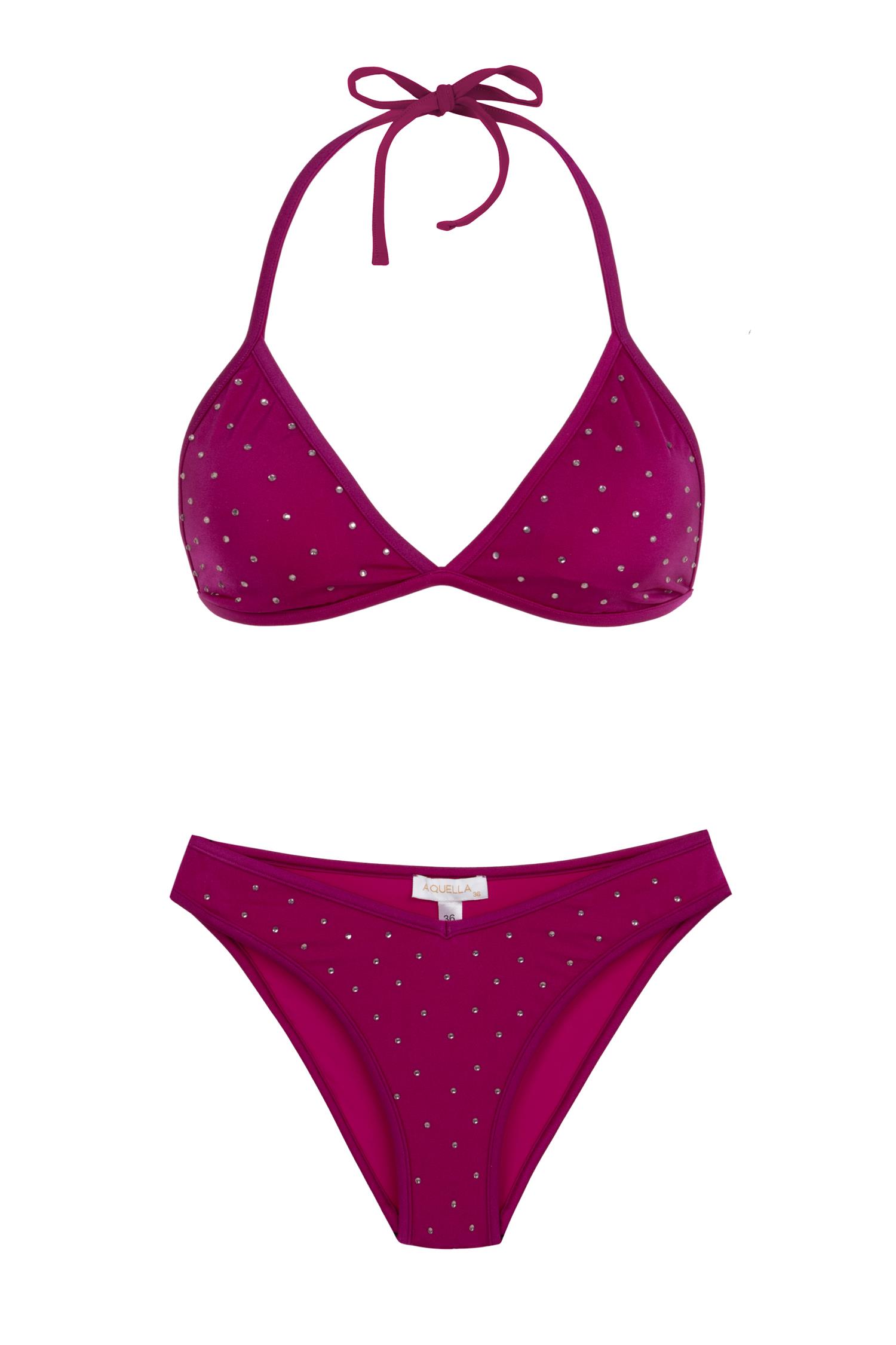 Parlak Taşlı Fuşya Üçgen Bikini Takım